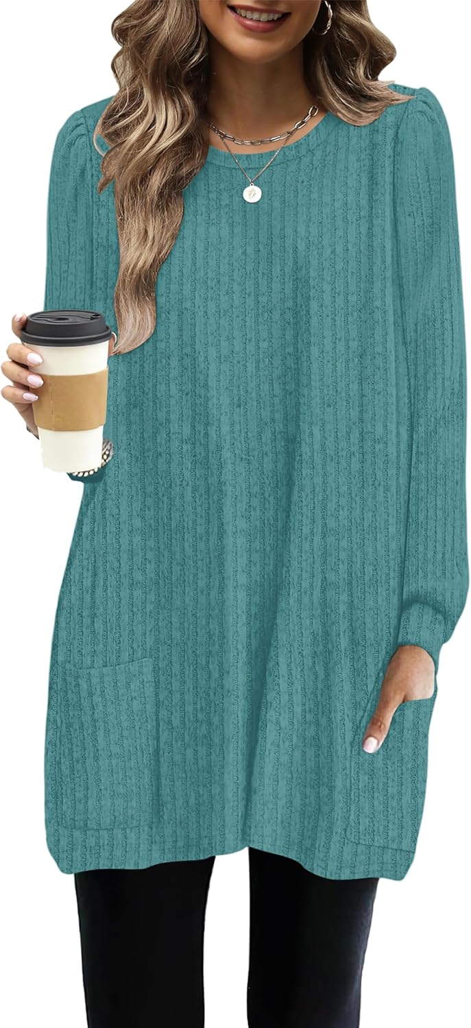 Detalle de WNEEDU Women's Sweater Tunic Dress, Long Sleeves, Pockets and Vertical Stripes