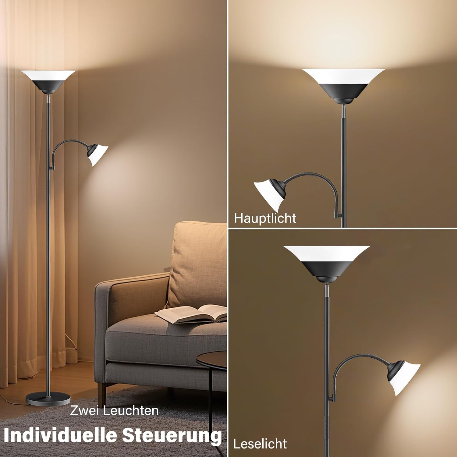 Thumbnail 3 de SIBRILLE Stehlampe Wohnzimmer 34W, 2100 lm LED dimmbar mit Fernbedienung & Touch, 3000K–6500K (schwarz)