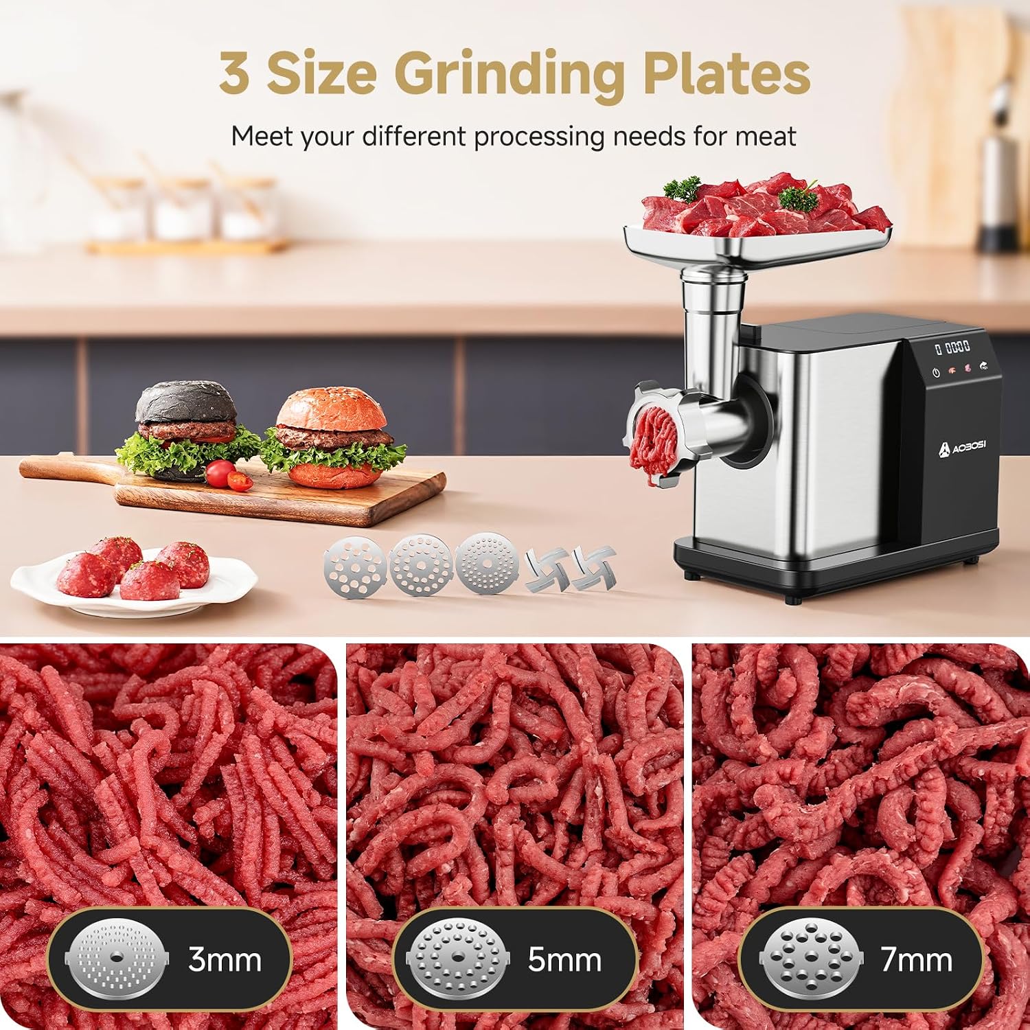 Detalle de AAOBOSI Electric Meat Grinder (3000W Max) with LCD Display, Auto-Reverse Function and Sausage Kit