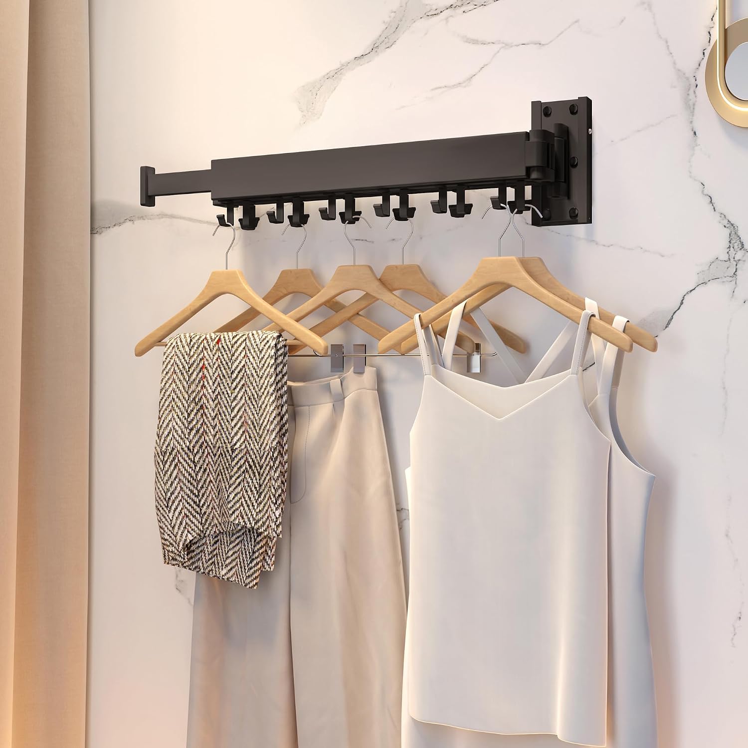 Detalle de HEILAIYI J shape Wall-Mounted Drying Rack, 3 Poles, 18 Hooks, Folding Metal