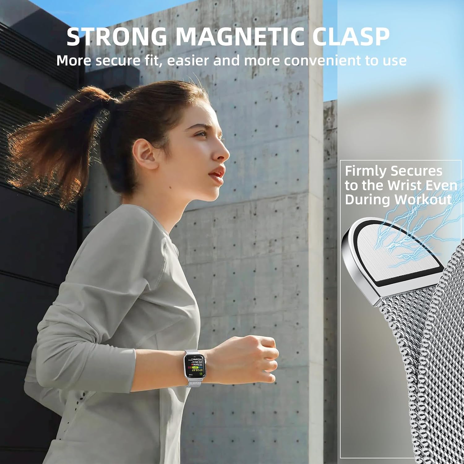 Detalle 2 de OULUOQI Classic semicircle Strap Stainless Steel Mesh Apple Watch Band, Magnetic Clasp