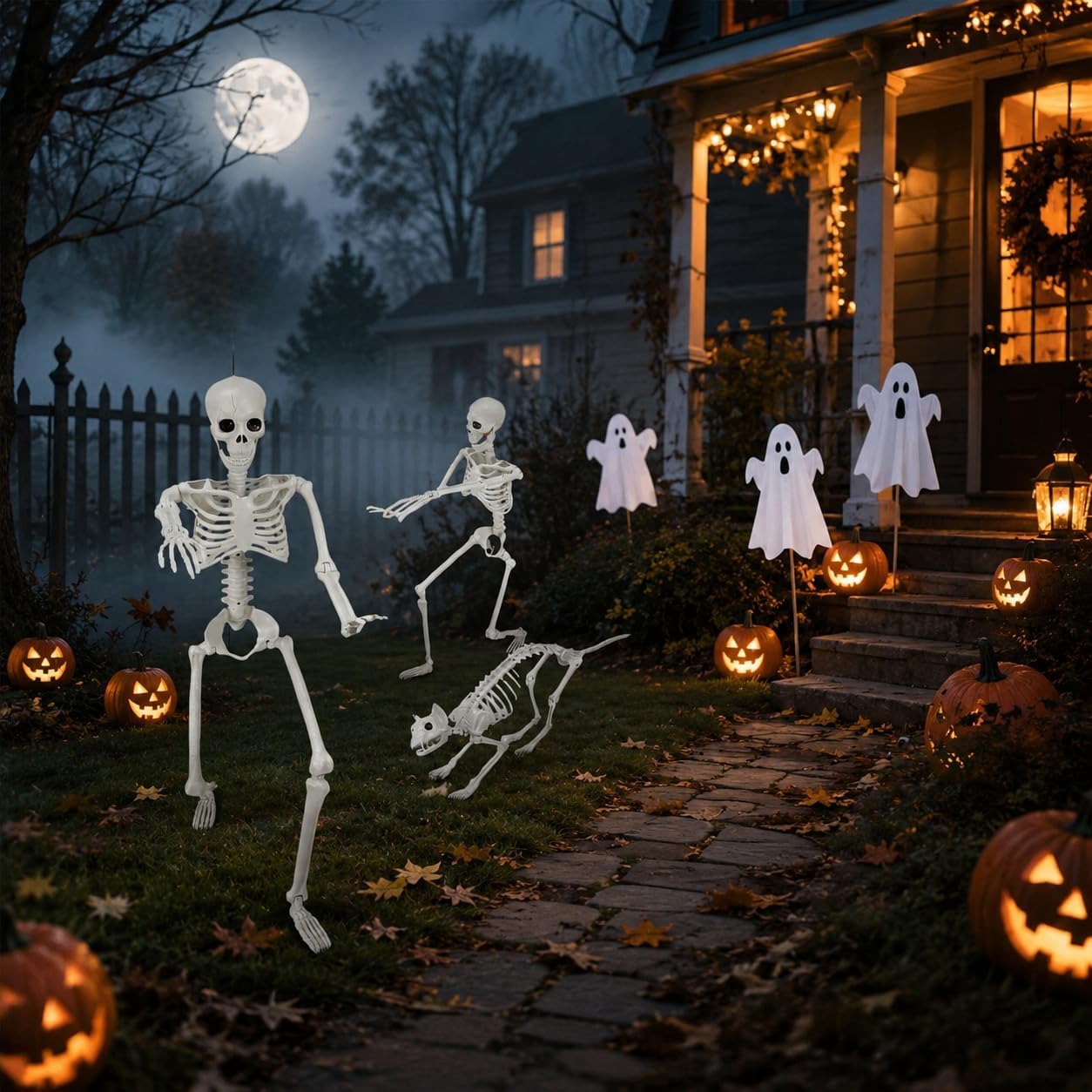 Detalle 2 de IDEAALS SHC Lighted Human and Cat Skeleton Halloween Decorations, 3-Foot Set