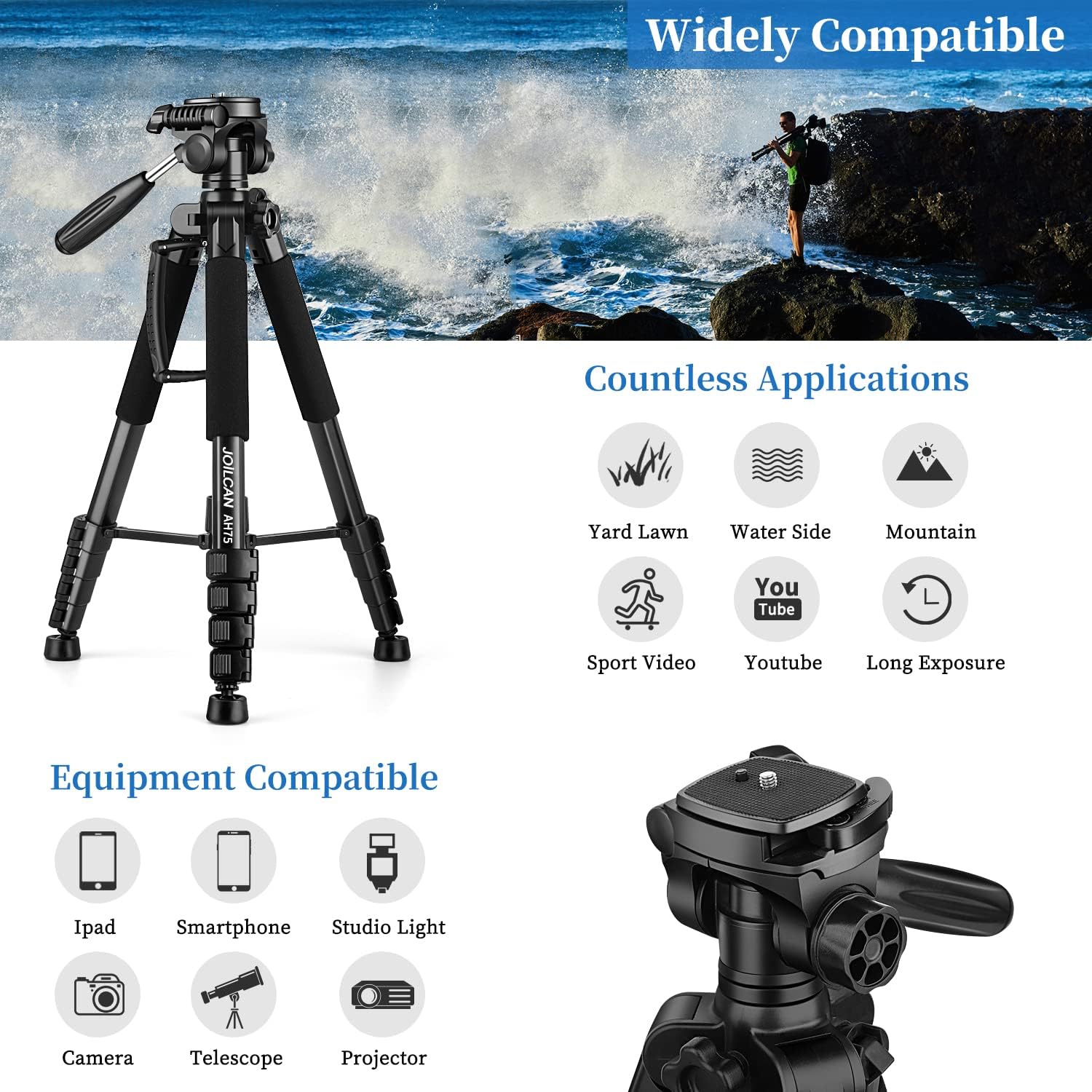 Thumbnail 2 de JOILCAN 74" Camera Tripod 188cm, 14 lb capacity