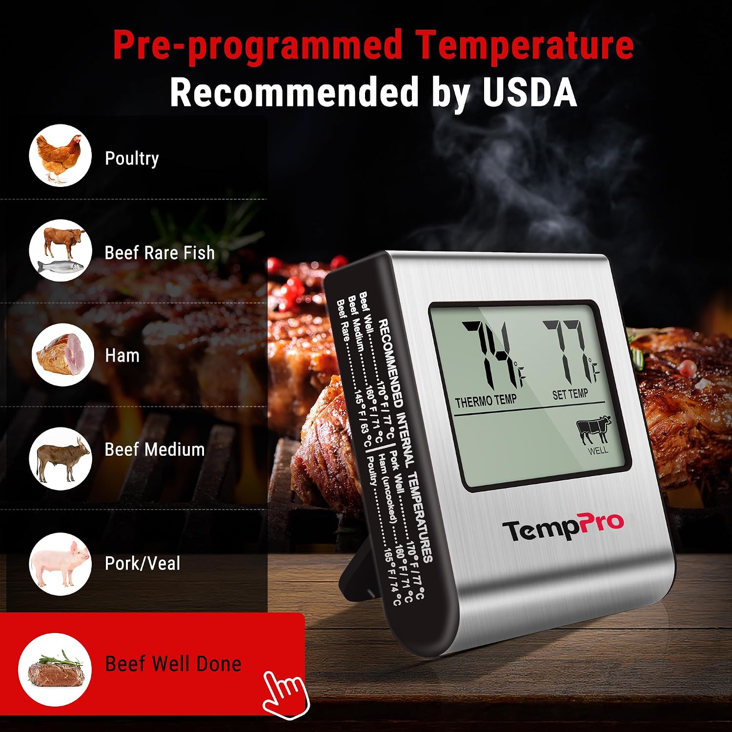 Thumbnail 5 de ThermoPro TP-16 Digital Meat Thermometer with Stainless Steel Probe and Timer