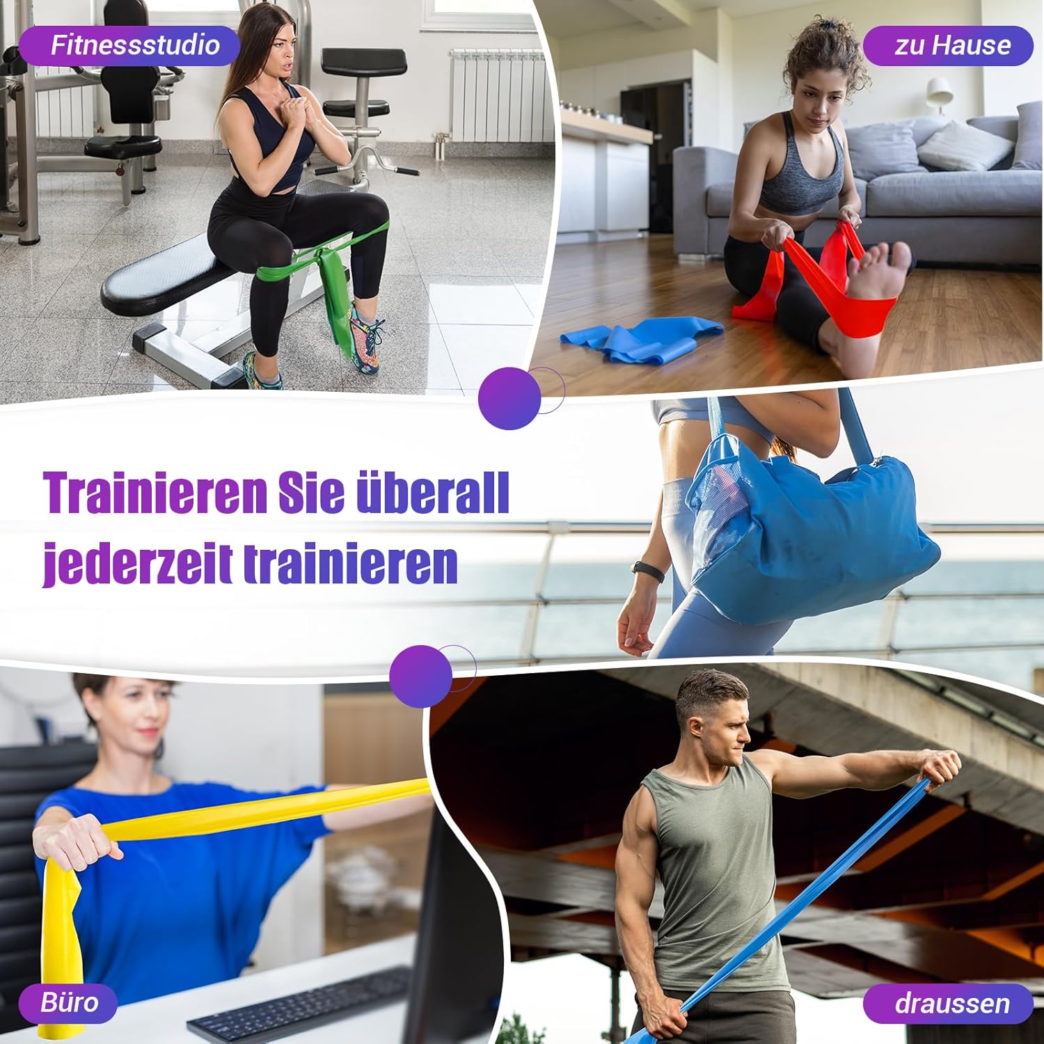 Detalle de COFOF Fitnessbänder 4er-Set – elastische Gymnastikbänder mit Tragetasche und Übungsanleitung