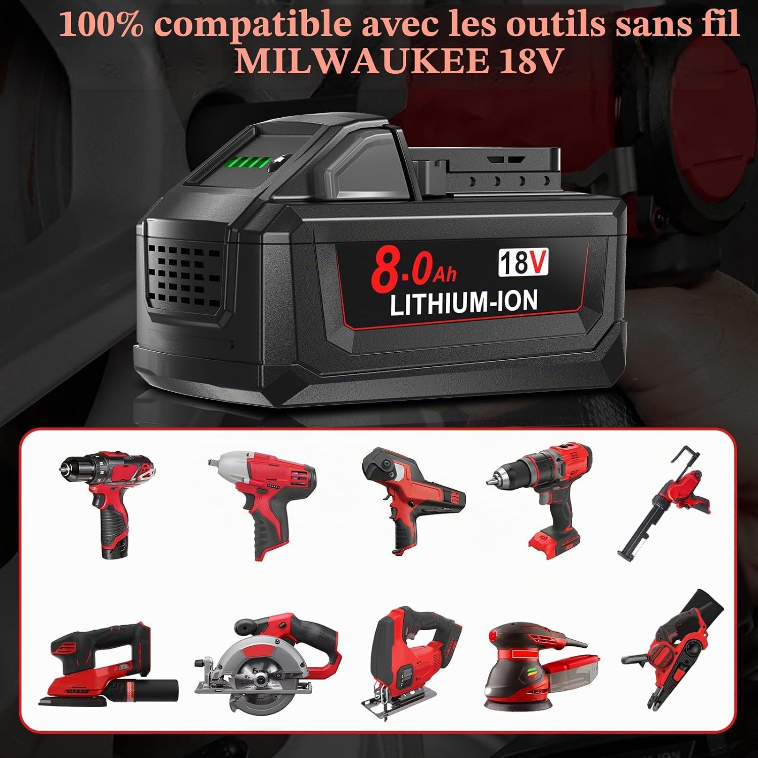 Thumbnail 3 de Powtree 2 x 18 V 8,0 Ah reserveaccu’s met 4 A-oplader voor Milwaukee