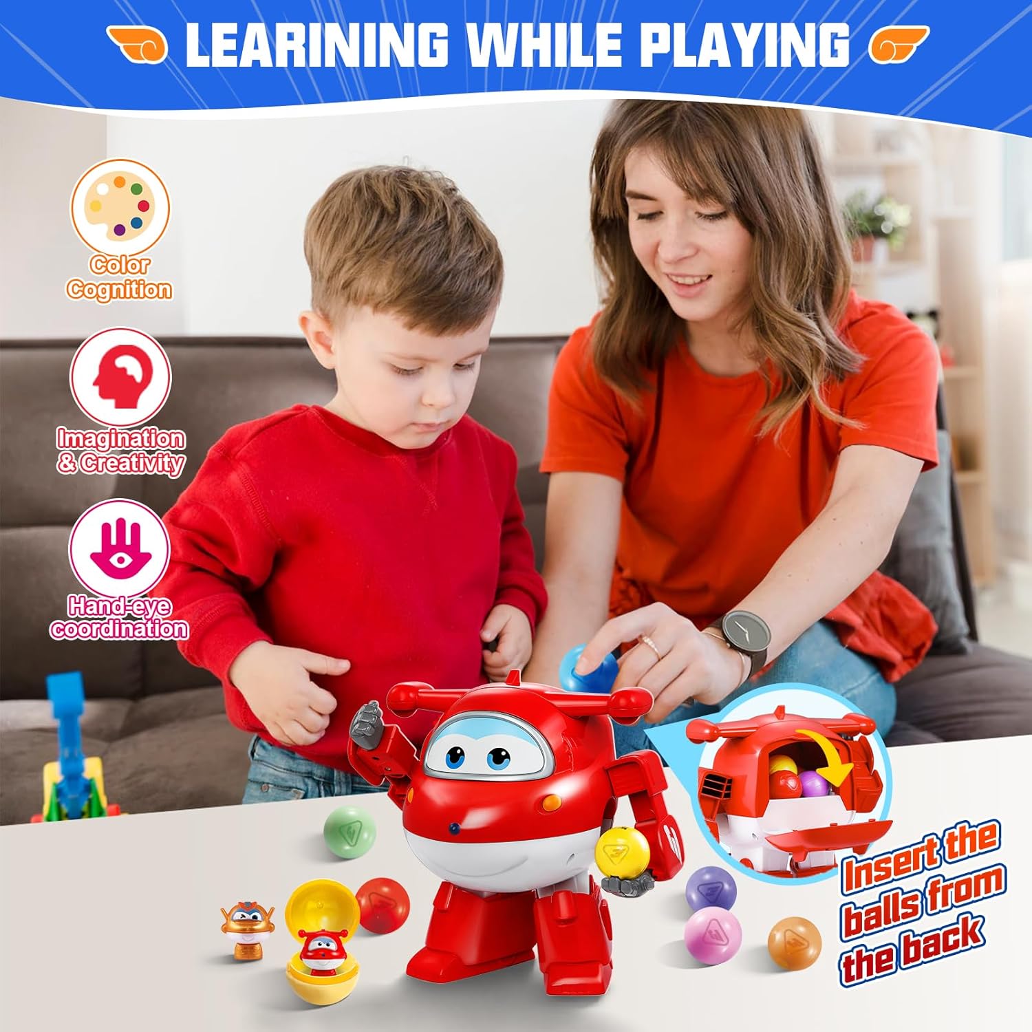 Detalle de Super Wings Lucky Ball Giocattolo Jett 20,5 cm (2 in 1) con 7 Lucky Ball e 3 set di adesivi fai da te
