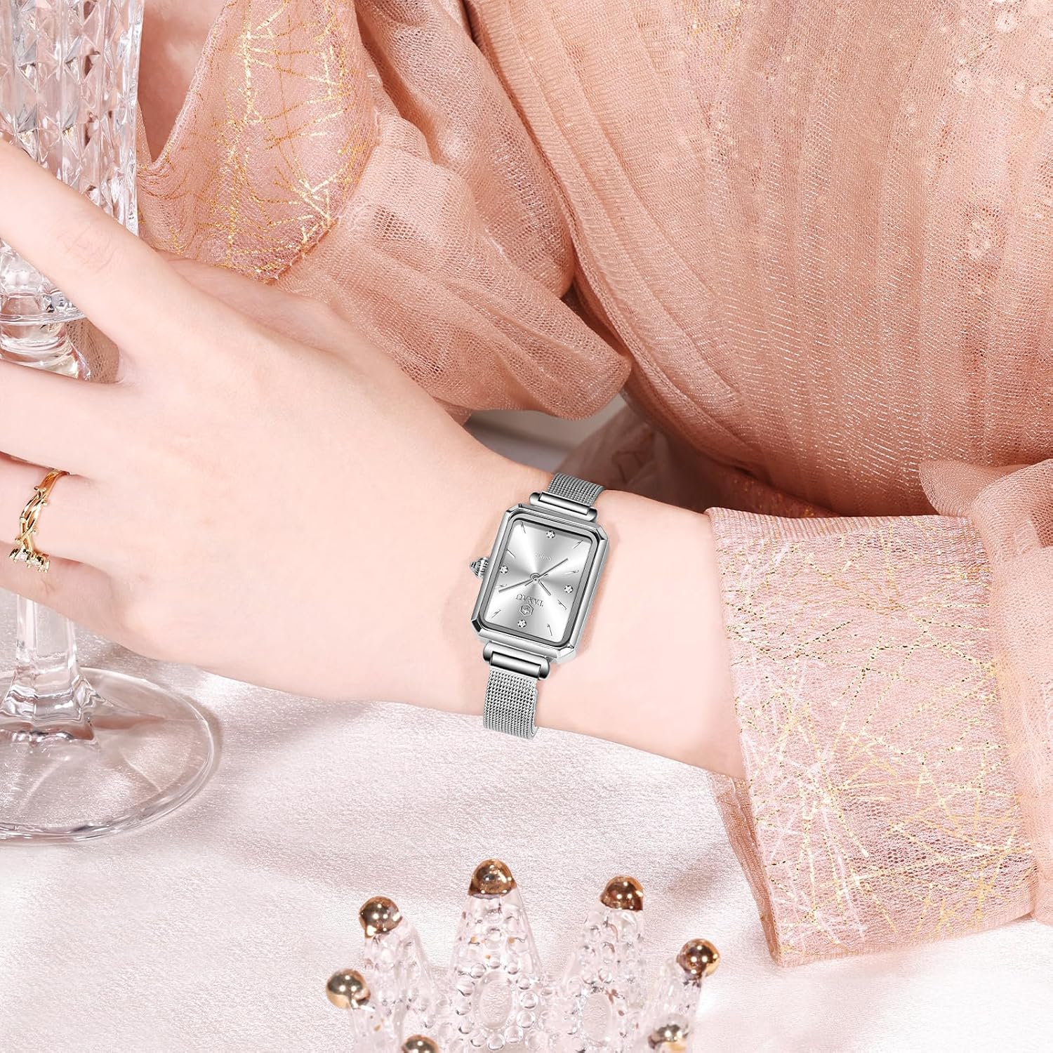Detalle de Taxau Damenarmbanduhr eckig mit Edelstahl-Mesh-Armband (Quarz, roségold) – Wasserdicht bis 3 ATM