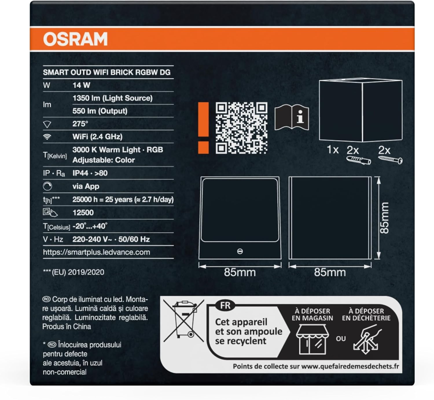 Thumbnail 3 de OSRAM SMART+ WiFi Brick applique LED da esterno grigio scuro 14W RGB+W 3000K IP44 (su/giù)