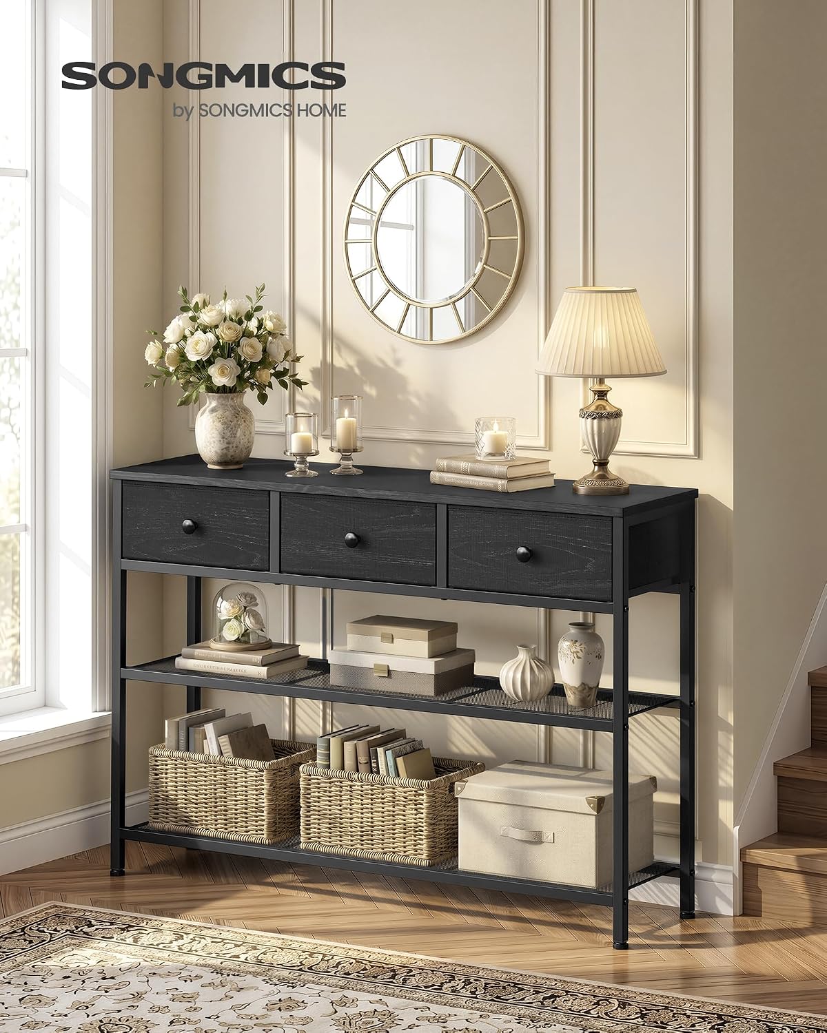 Detalle de SONGMICS LGS098B201 BELLAH consoletafel met 3 stoffen lades en 2 gaasplanken
