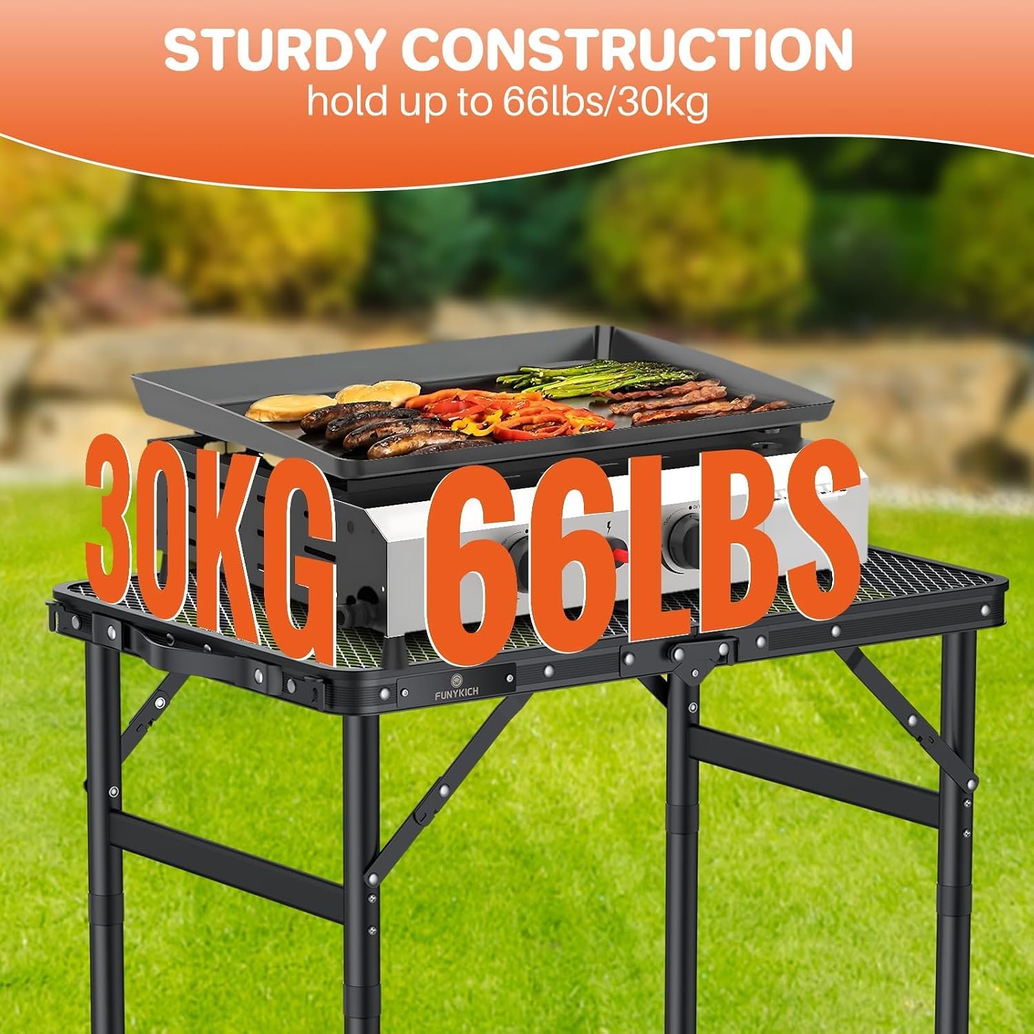 Detalle de FUNYKICH FUN021UKA Folding Grill Table, 3 Heights, 58 x 40 cm, Black