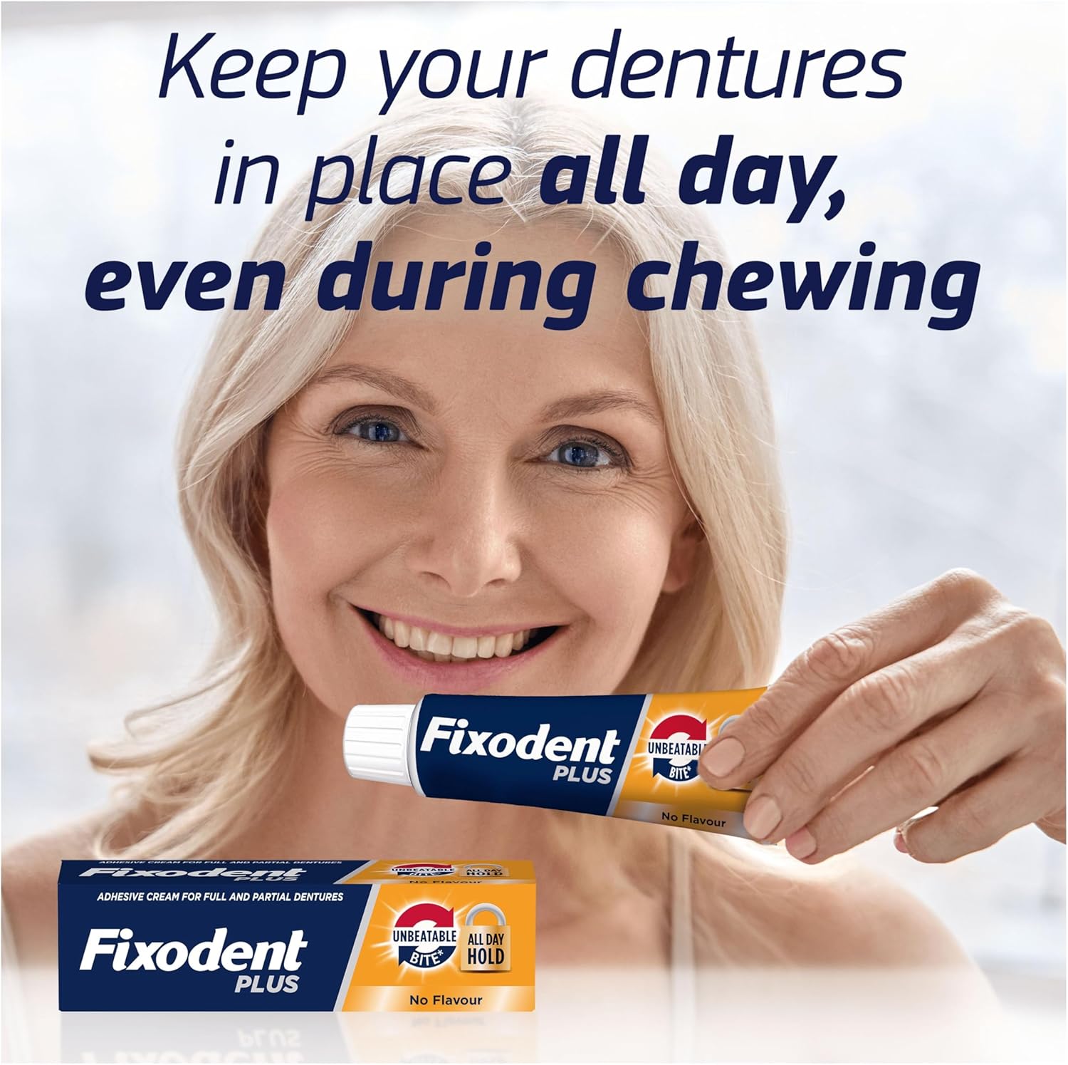 Detalle de Fixodent Plus Unbeatable Bite Denture Adhesive — Flavour Free 40g (Pack of 3)