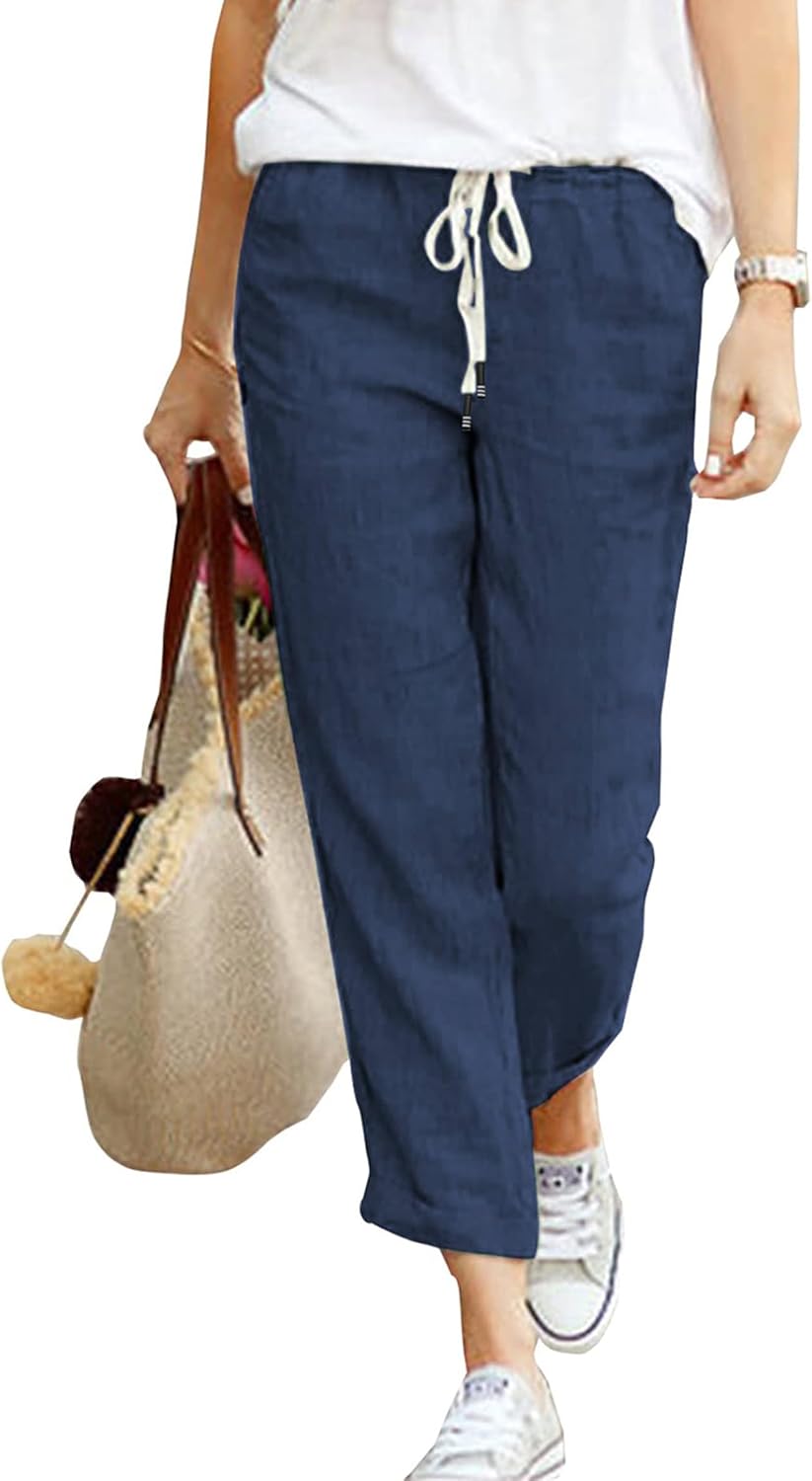 Detalle 2 de Hose Damen Leinen-Sommerhose 7/8 Casual – leichte Baumwolle-Leinenhose mit Taschen