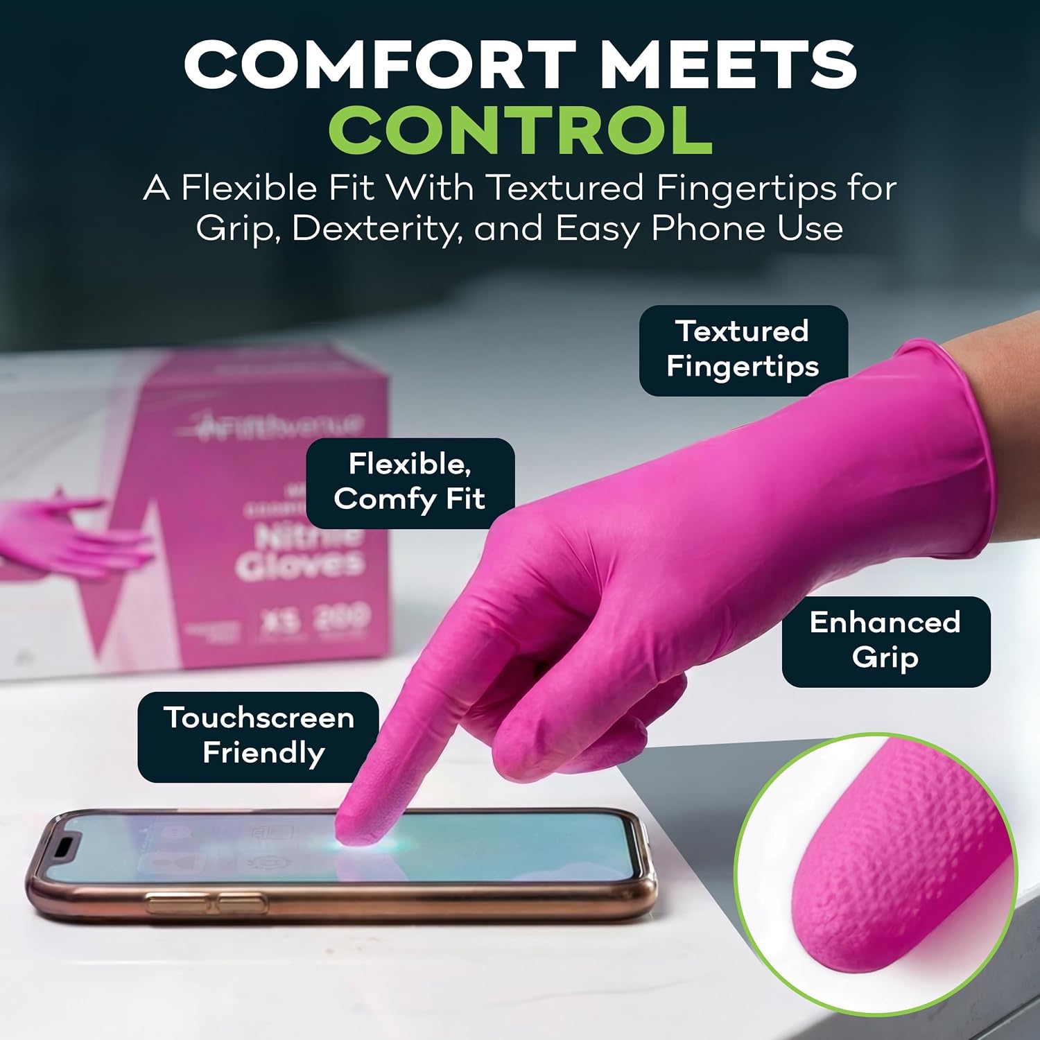 Detalle de FifthPulse Fuchsia Hot Pink 3 Mil Nitrile Disposable Exam Gloves