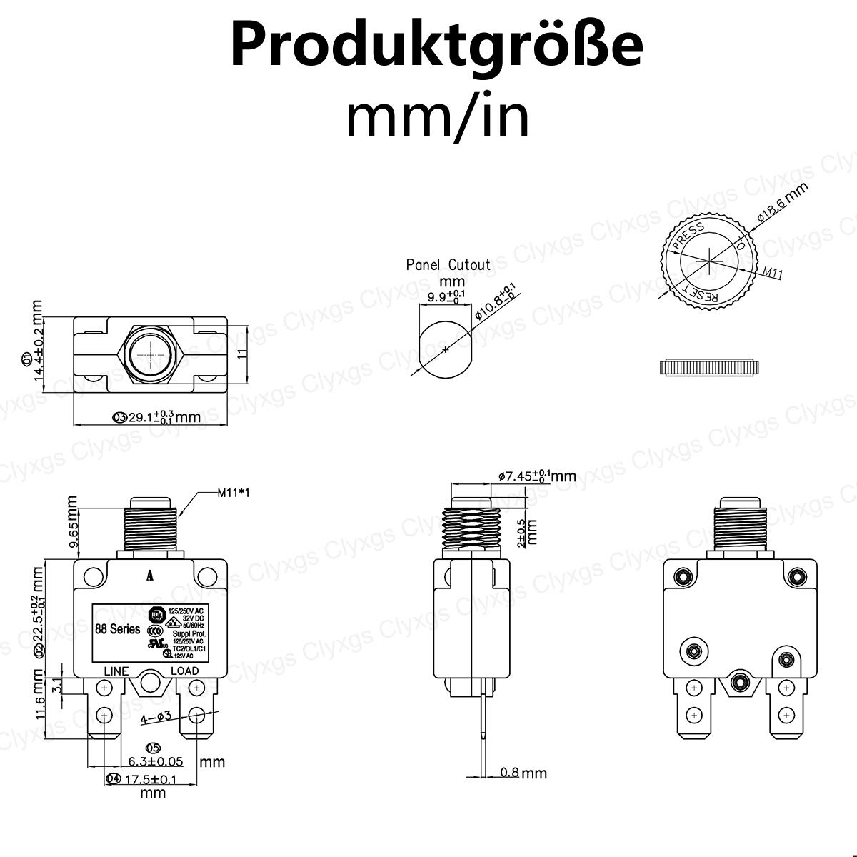 Thumbnail 3 de CLDIY Thermoschutz-Leistungsschalter 9 A (88-Serie) mit Push-to-Reset und wasserdichter Tastenkappe
