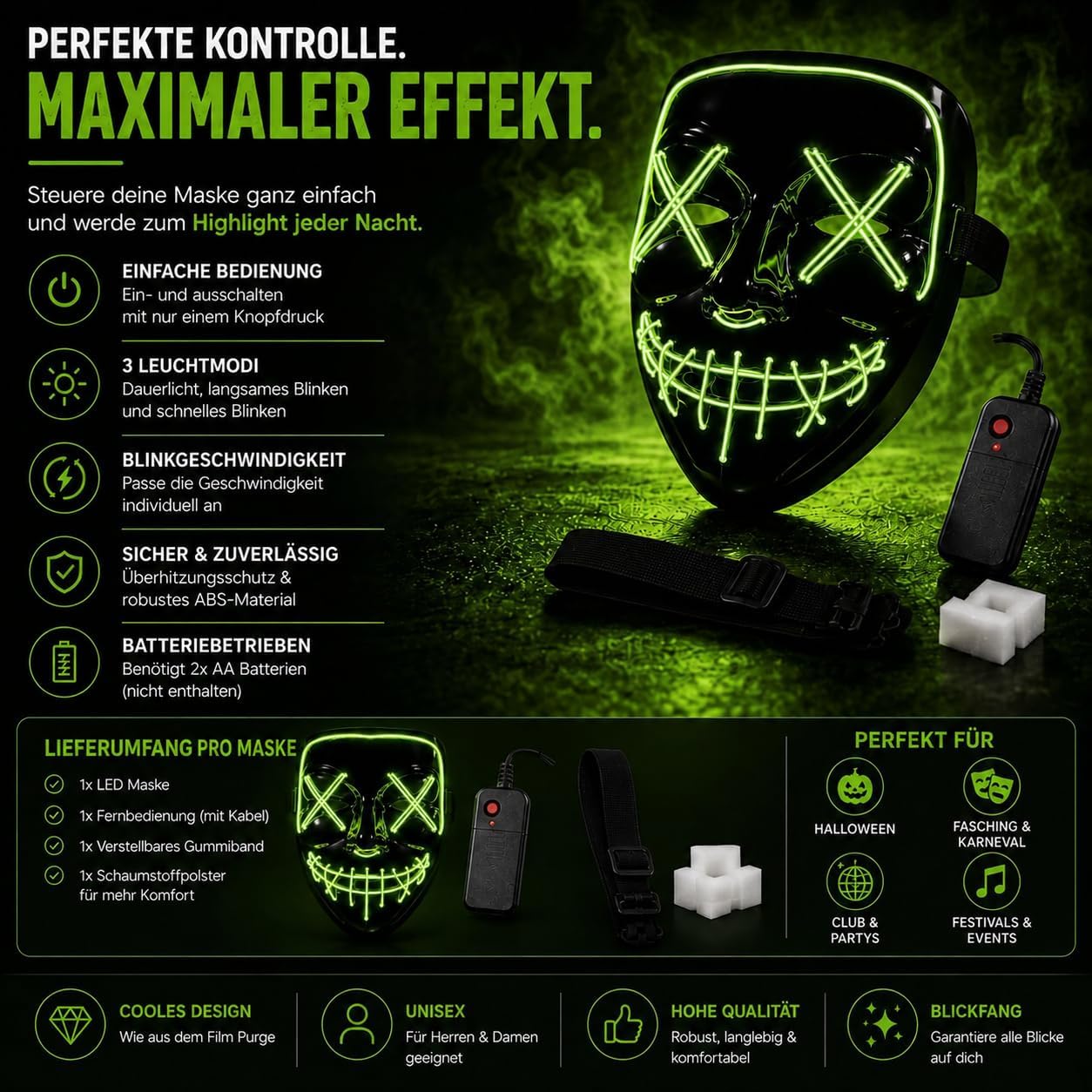 Detalle de TK Gruppe Timo Klingler Purge LED-horrormasker met 3 instelbare lichteffecten