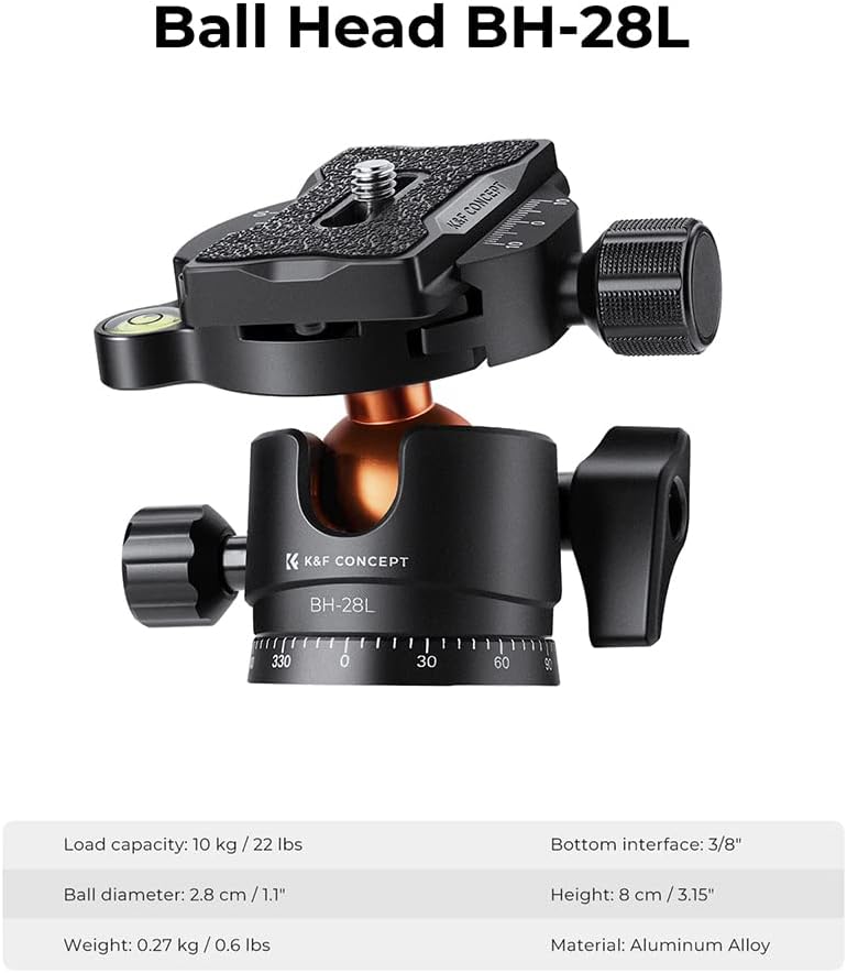 Detalle de K&F Concept 62''/160cm Camera Tripod (A225A1+BH-28L): Portable, Flexible Support for Travel and Work