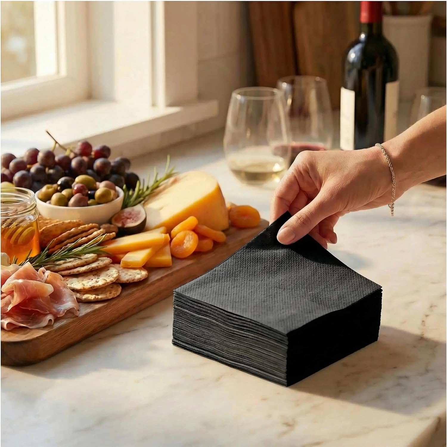 Thumbnail 1 de AH AMERICAN HOMESTEAD Black Linen-Like Cocktail Napkins (100 Count) – Premium Disposable/Reusable, 4.75in x 4.75in