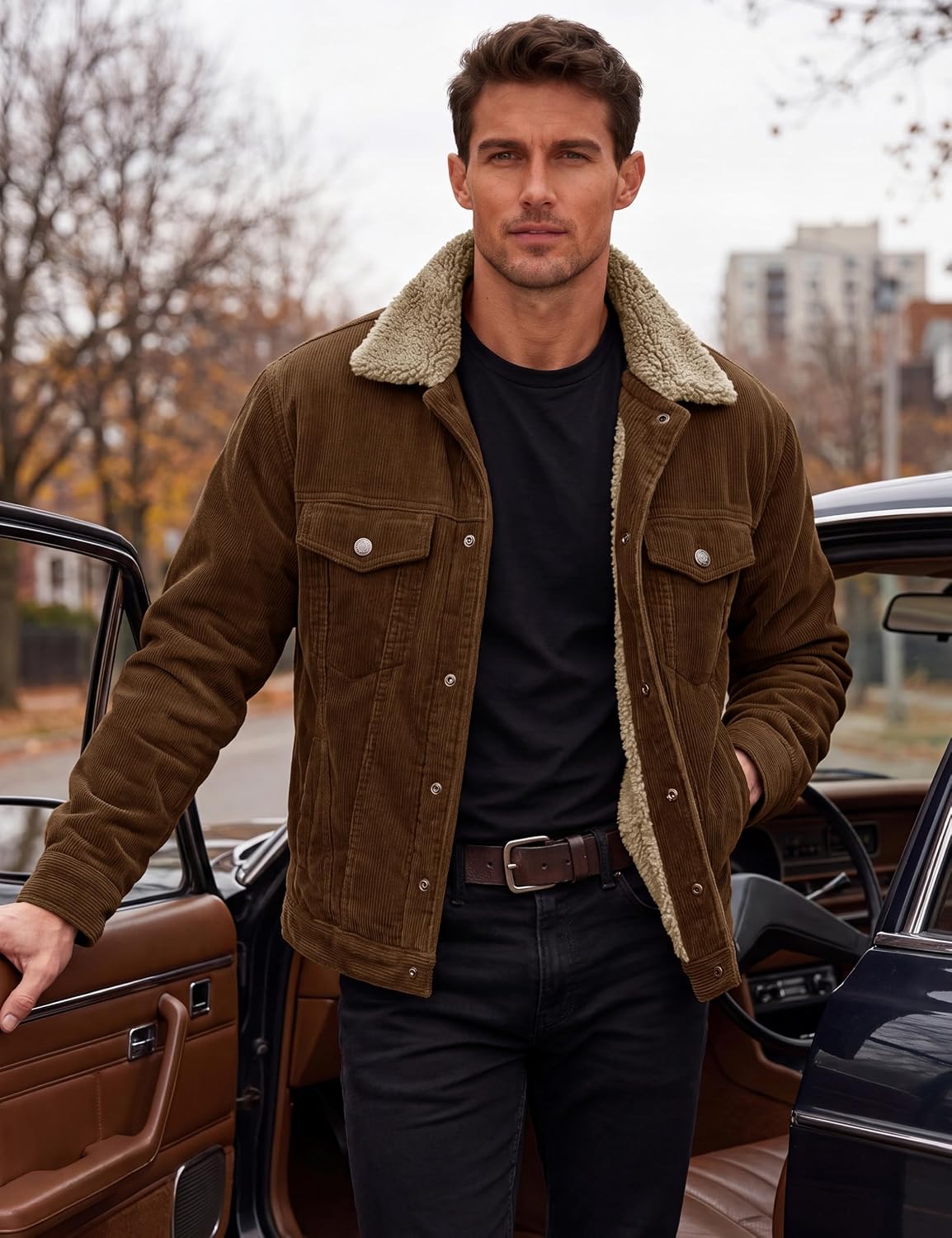 Detalle de MAGCOMSEN Men's Corduroy Jacket with Sherpa Lining and 5 Pockets