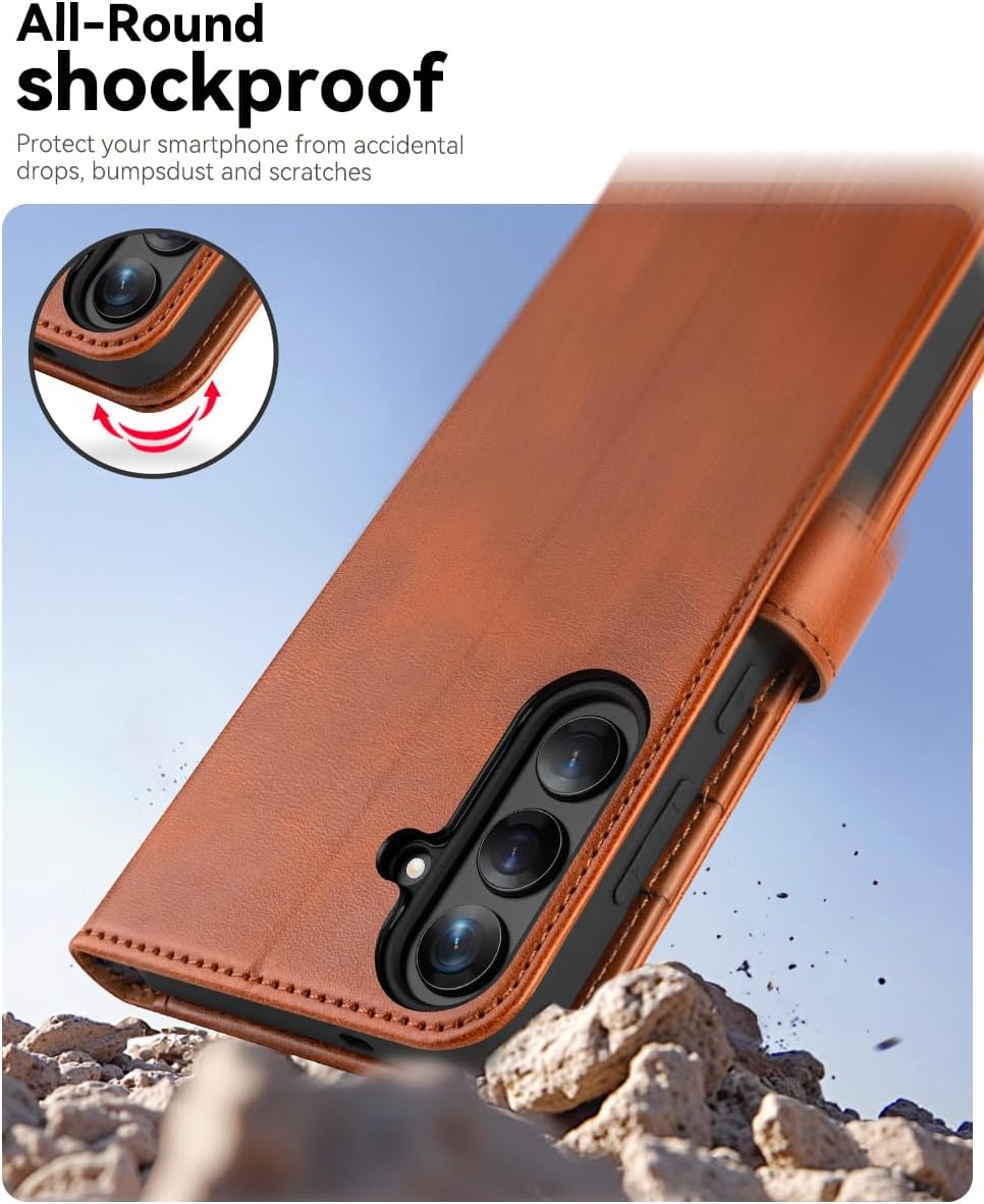 Thumbnail 5 de OCASE Kompatible Hülle für Samsung Galaxy S25 Plus 5G – klappbare Lederhülle mit Magnetverschluss, RFID & Kartenfächern (hellbraun)