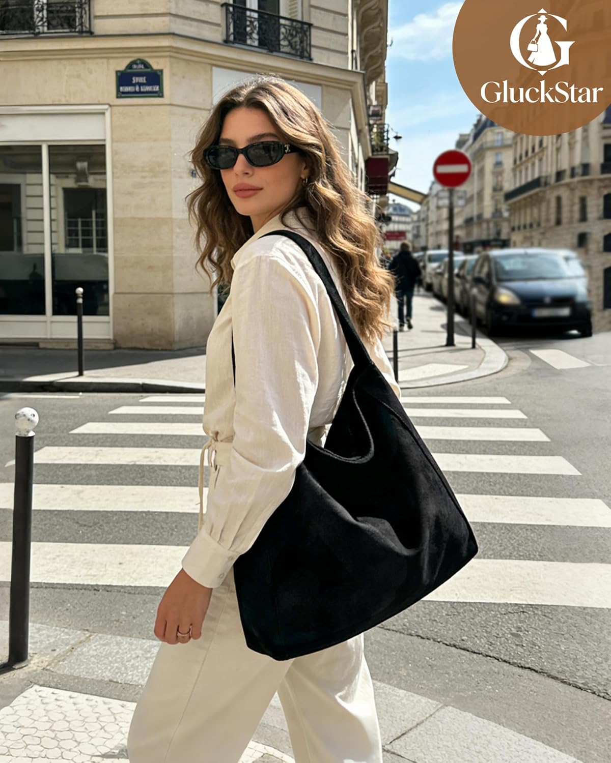 Thumbnail 1 de Grand cabas en daim suédé Gluckstar pour femme (38x36x12 cm) – sac porté épaule, travail, cours et courses