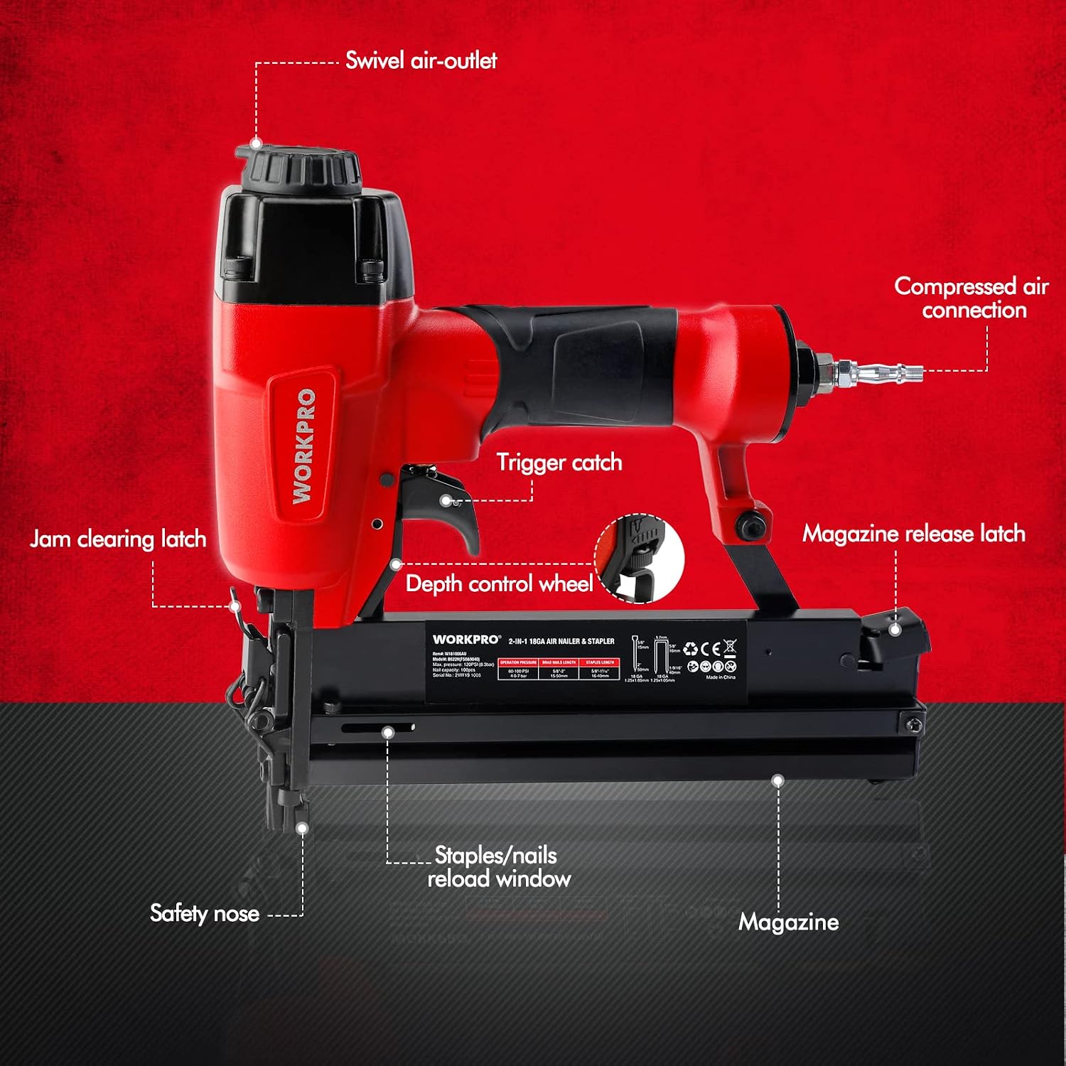 Detalle de WORKPRO Air Brad Nailer 50 mm, 2-in-1