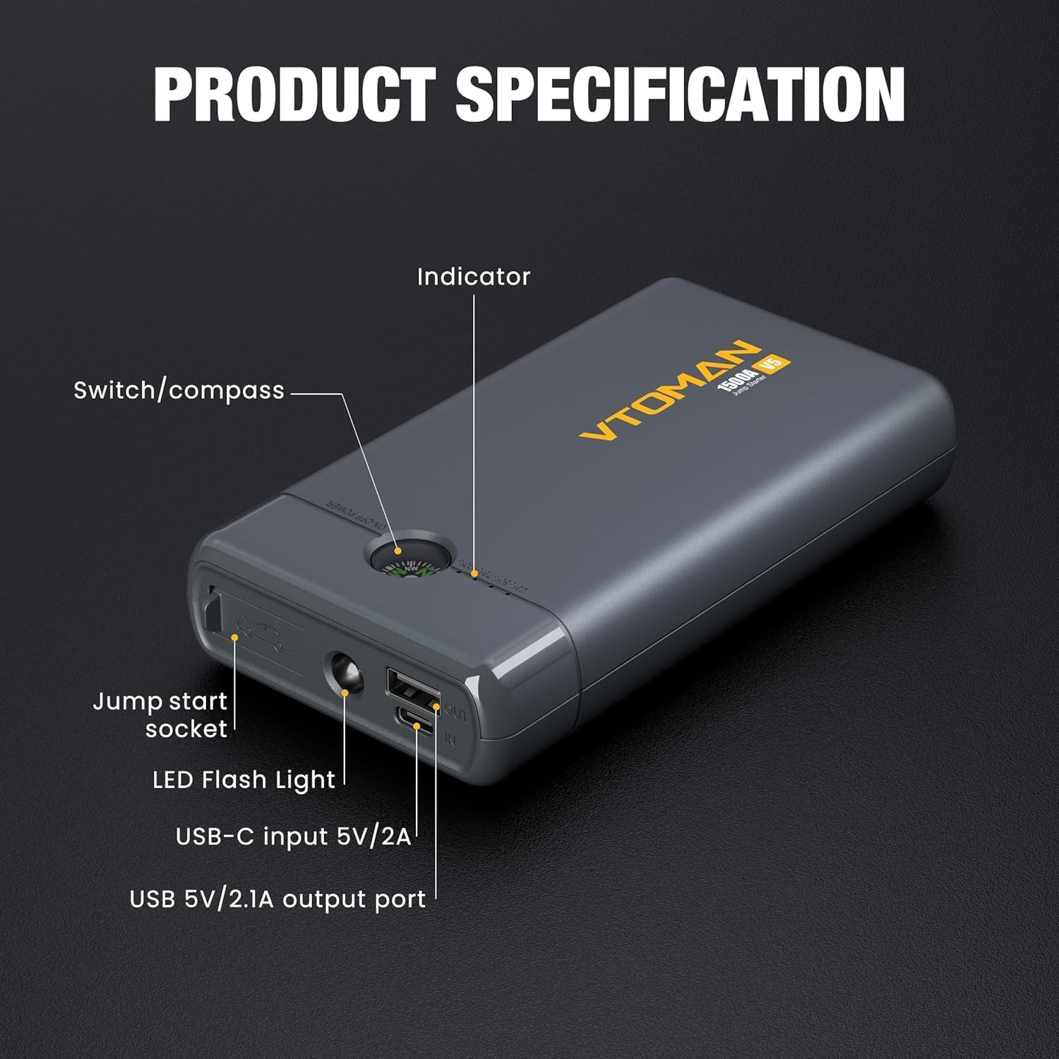Thumbnail 5 de VTOMAN V5 Jump Starter Power Pack: 1500A Portable Car Booster for 12V Vehicles
