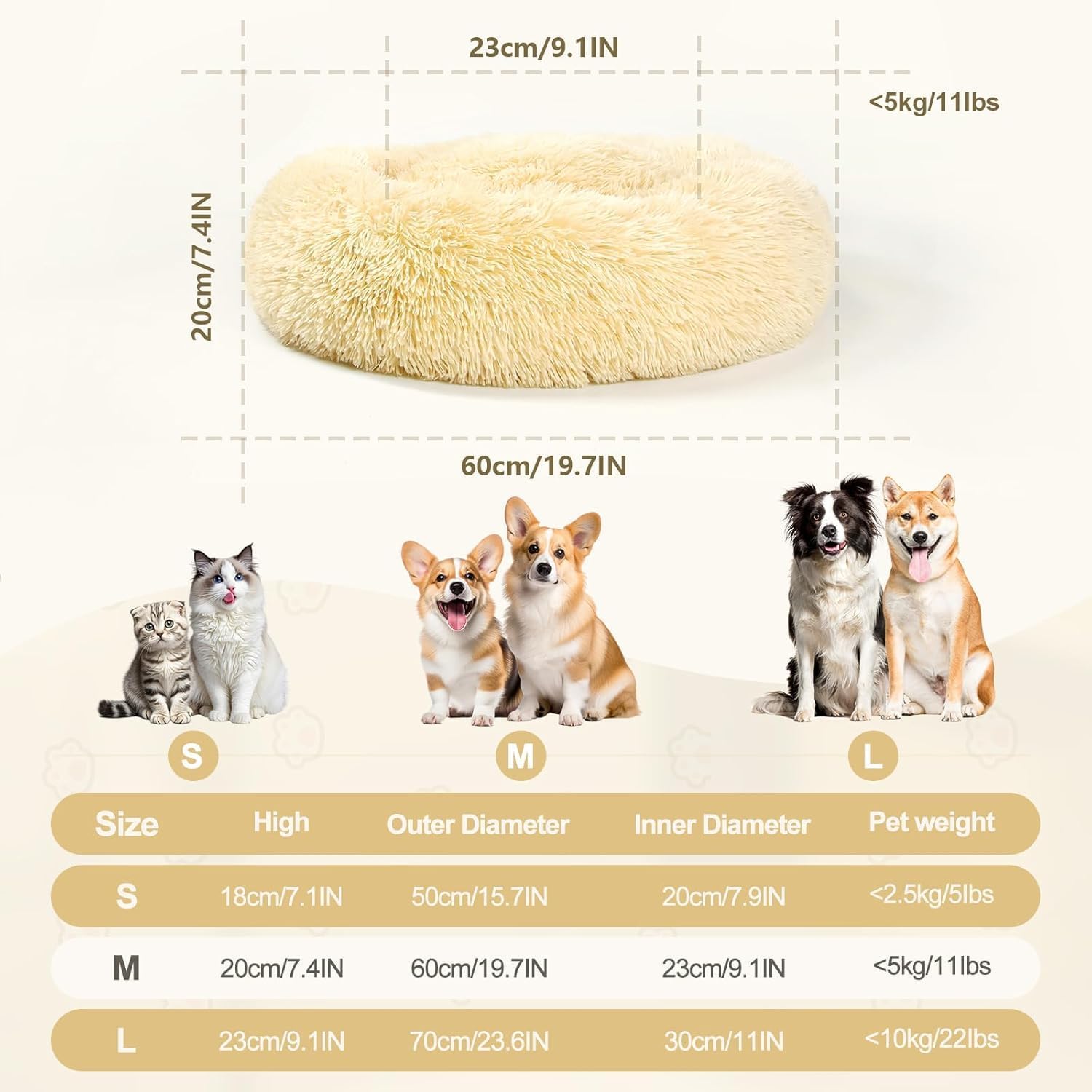 Thumbnail 5 de DONWEI Calming Dog Donut Bed (60x60cm) – Washable, non-slip fluffy calming cushion for small to medium dogs