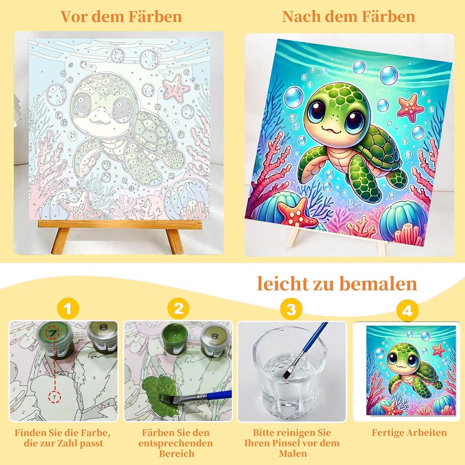 Detalle 2 de Malen nach Zahlen Kinder mit Rahmen und Holzstaffelei – Meeresschildkröte, 20x20 cm