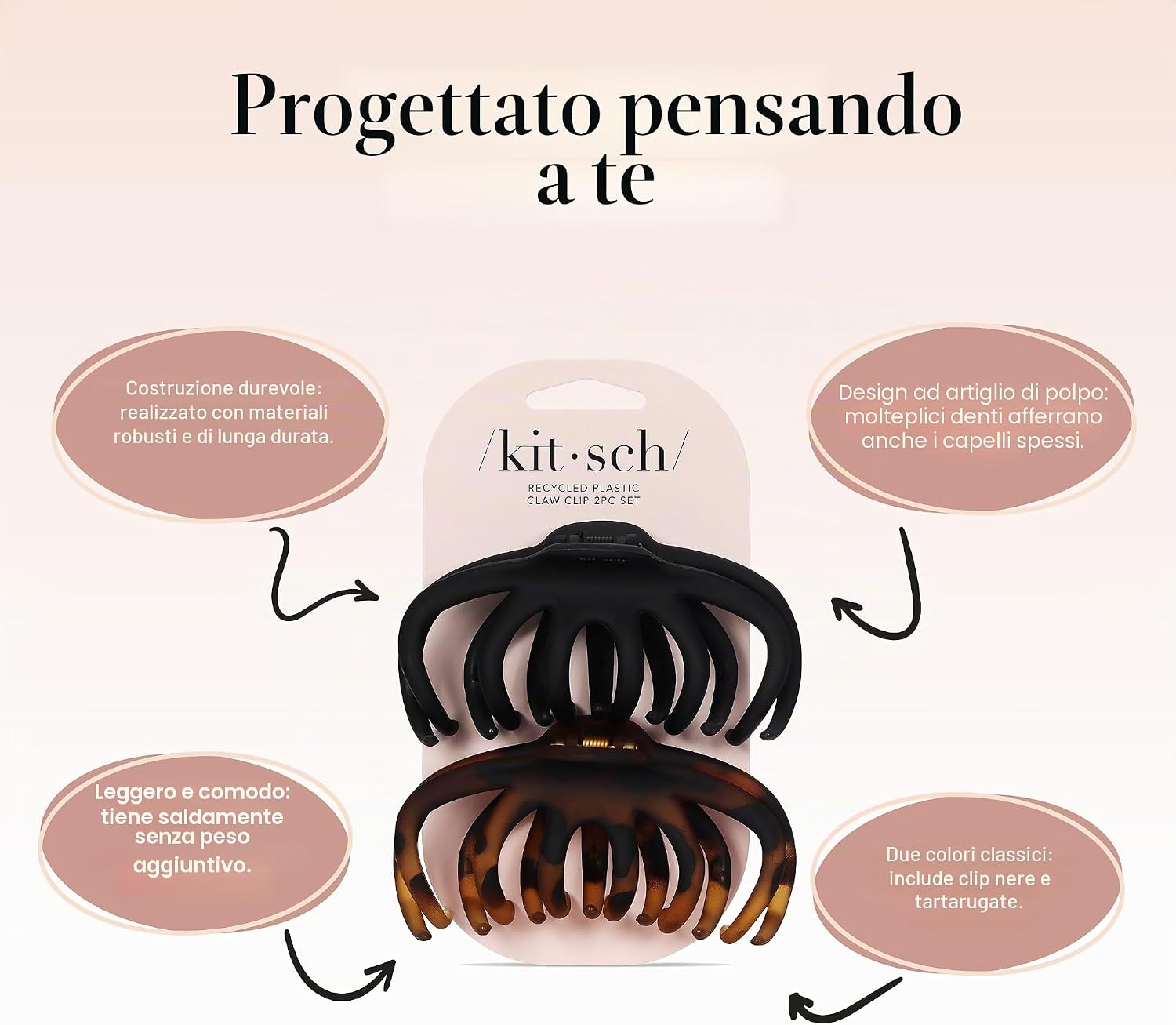 Detalle 2 de Kitsch Fermagli a polipo per capelli – Set nero e tartaruga, grande tenuta per capelli spessi