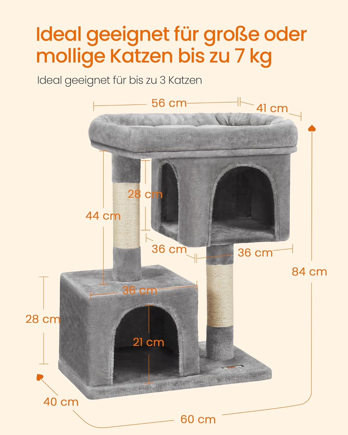 Detalle 2 de Feandrea Kratzbaum 84 cm — großer Katzenturm mit zwei Höhlen, 56 × 40 cm Plattform und Sisalstämmen (hellgrau, bis zu 7 kg)