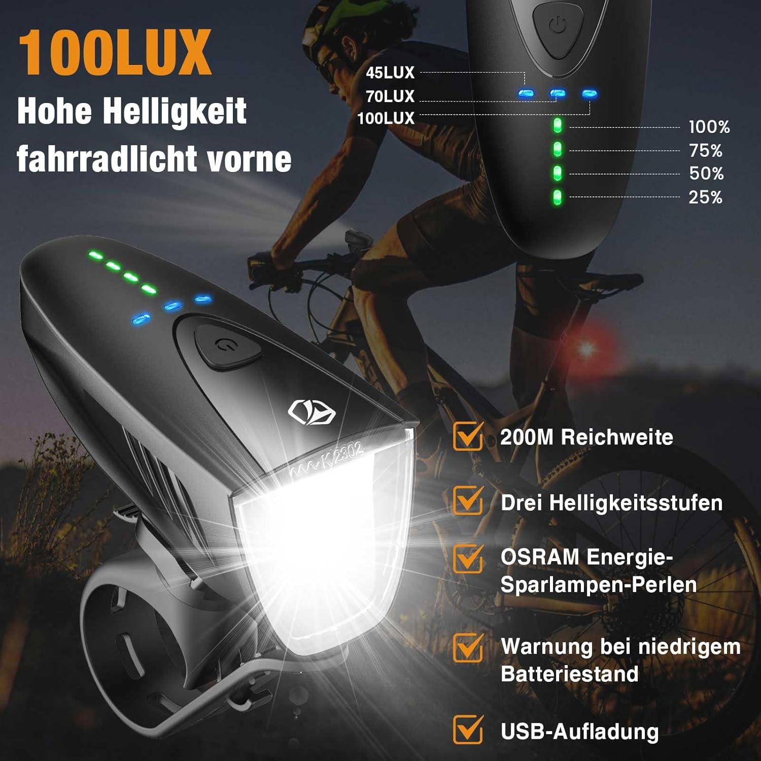 Detalle 2 de toptrek Fahrradlicht Set 100LUX Front- und Rücklicht