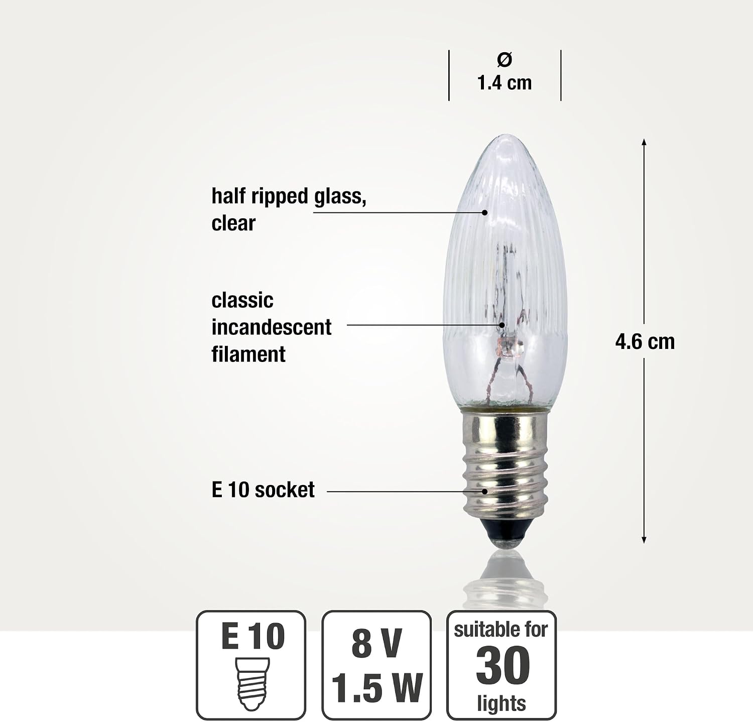 Detalle de Hellum bougies de remplacement pour arc flottant – 10 pièces, bougie cannelée E10, 8V, 1,5W, 15 lumens