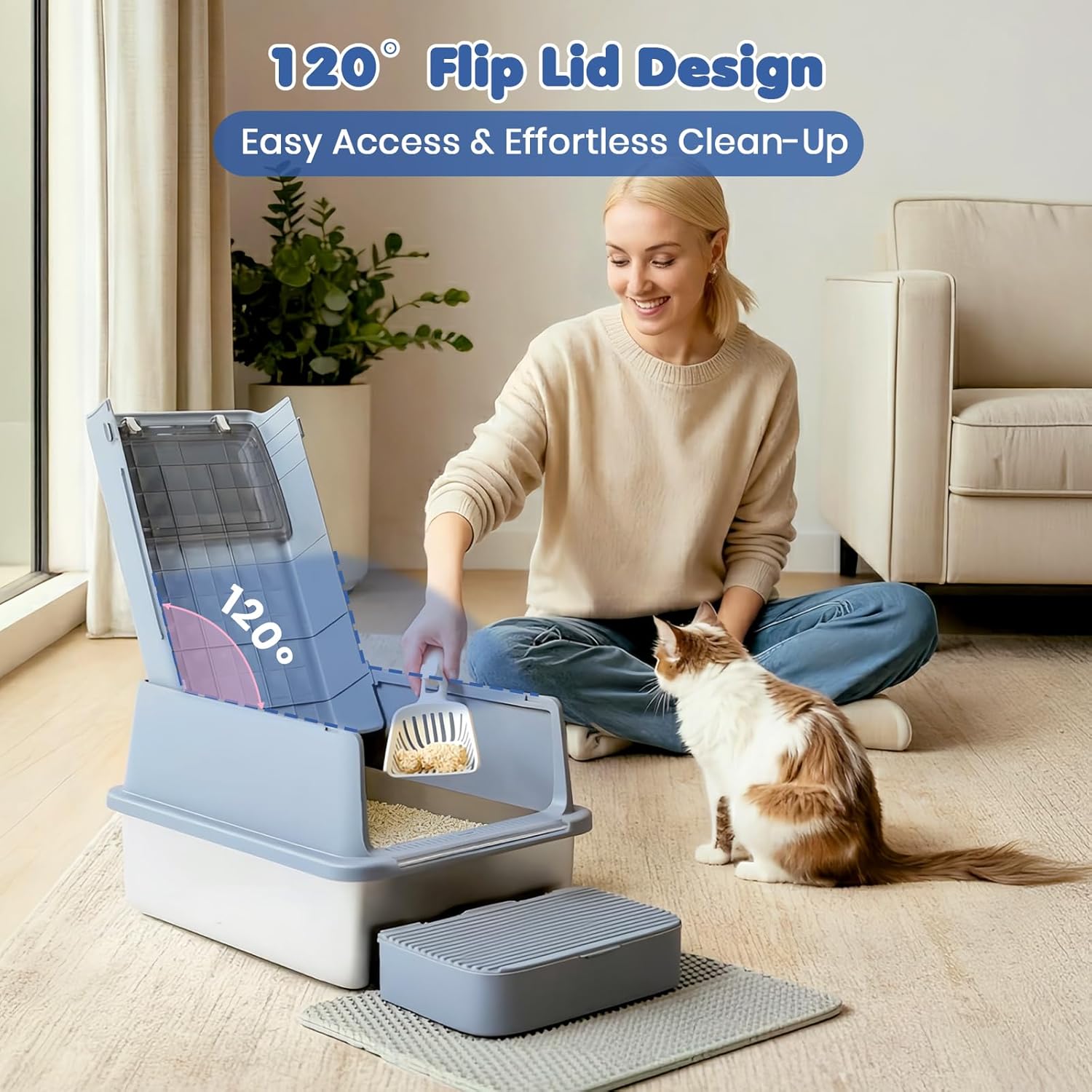 Detalle de Jumbo Stainless Steel Cat Litter Tray XXL 3-in-1 Enclosed Box with 120° Flip Lid – Grey
