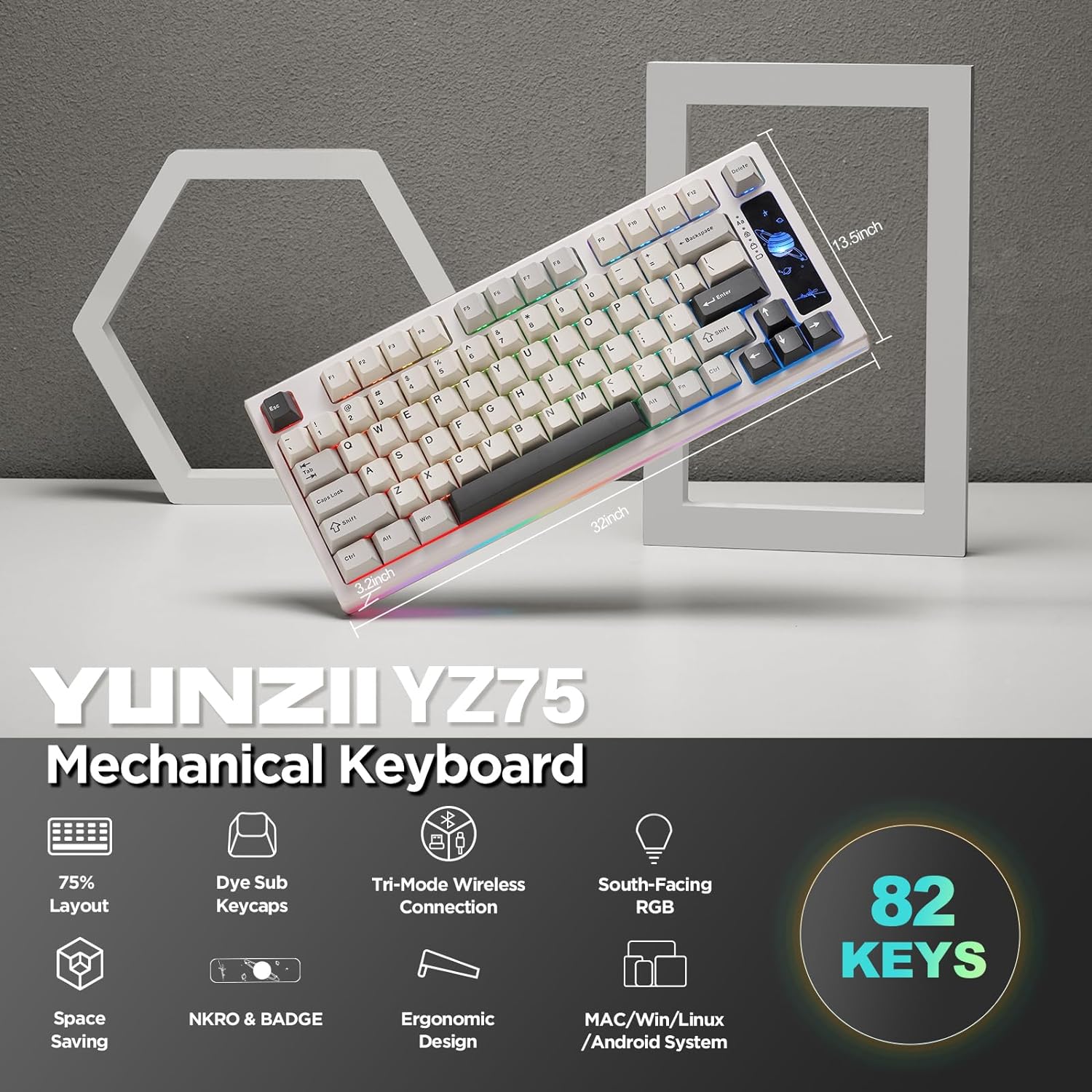 Detalle 2 de YUNZII YZ75 Wireless Mechanical Keyboard 75% RGB BT5.0