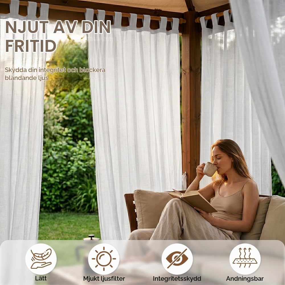Detalle de AUAUY utomhusgardiner, 2 st, 213 x 132 cm, vit polyester med kardborreöglor
