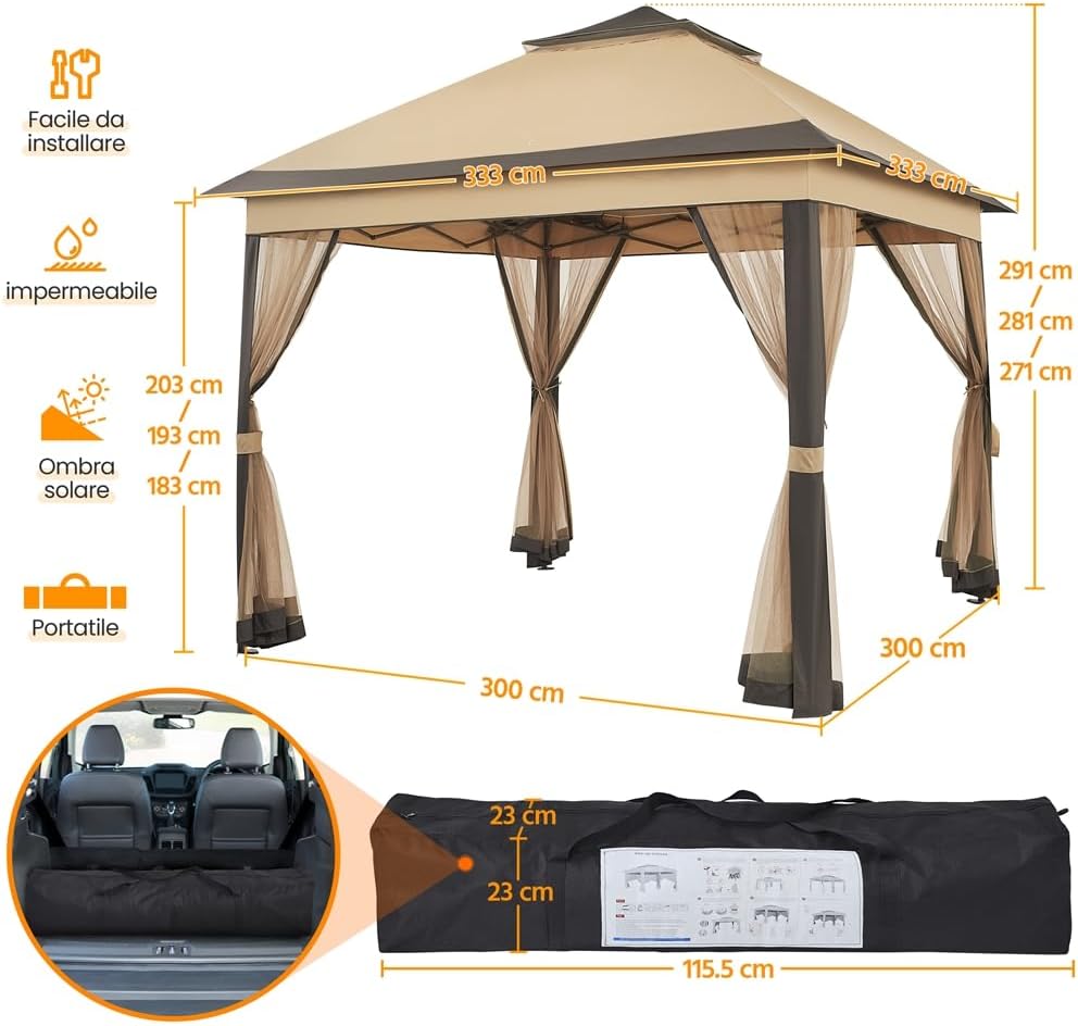 Thumbnail 2 de Yaheetech Gazebo da Giardino 330x330x271-291 cm: struttura robusta, doppio tetto e pareti in rete, colore kaki