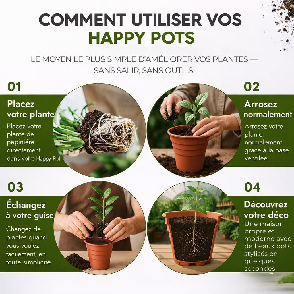 Detalle de Happy Pots lot de 5 pots en plastique recyclé (terre cuite) avec drainage – 12,5 cm