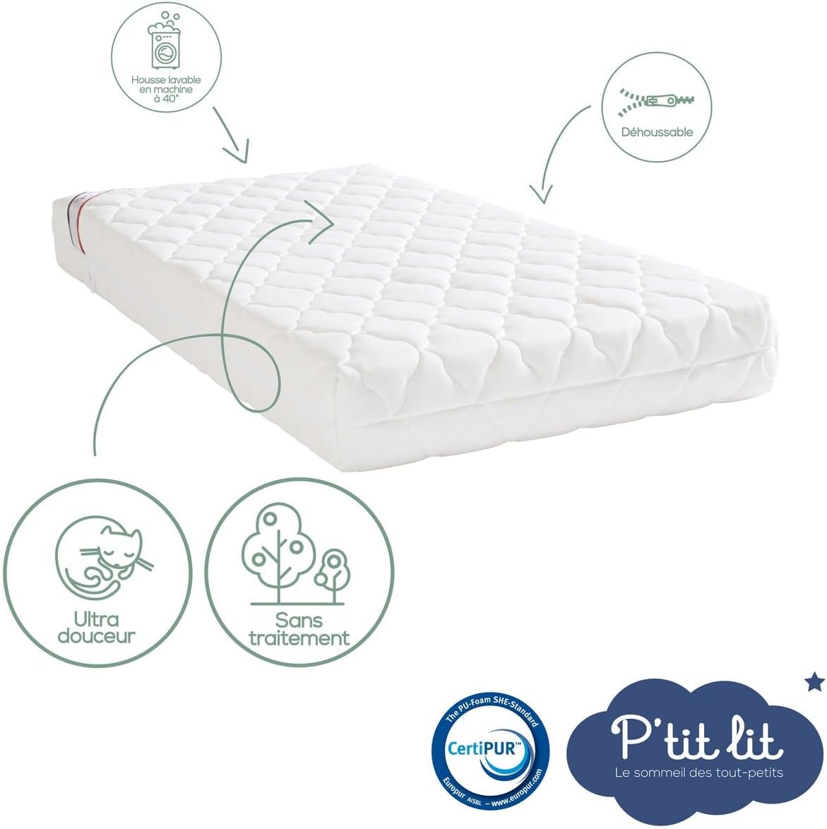 Thumbnail 2 de P'TIT LIT Matelas Bébé Bamboo 60x120 cm — Visco doux, déhoussable et fabrication Française