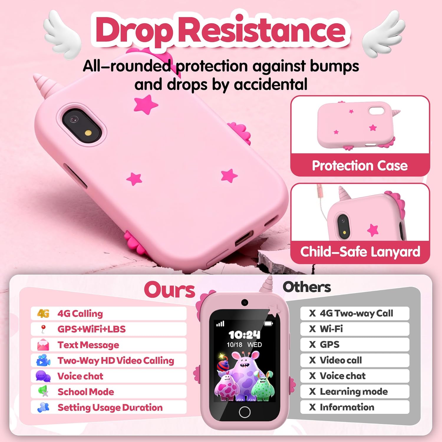 Thumbnail 6 de 4G Téléphone Portable pour Enfants – Smartphone avec GPS, Appels/Vidéo et Double Caméra (Rose)