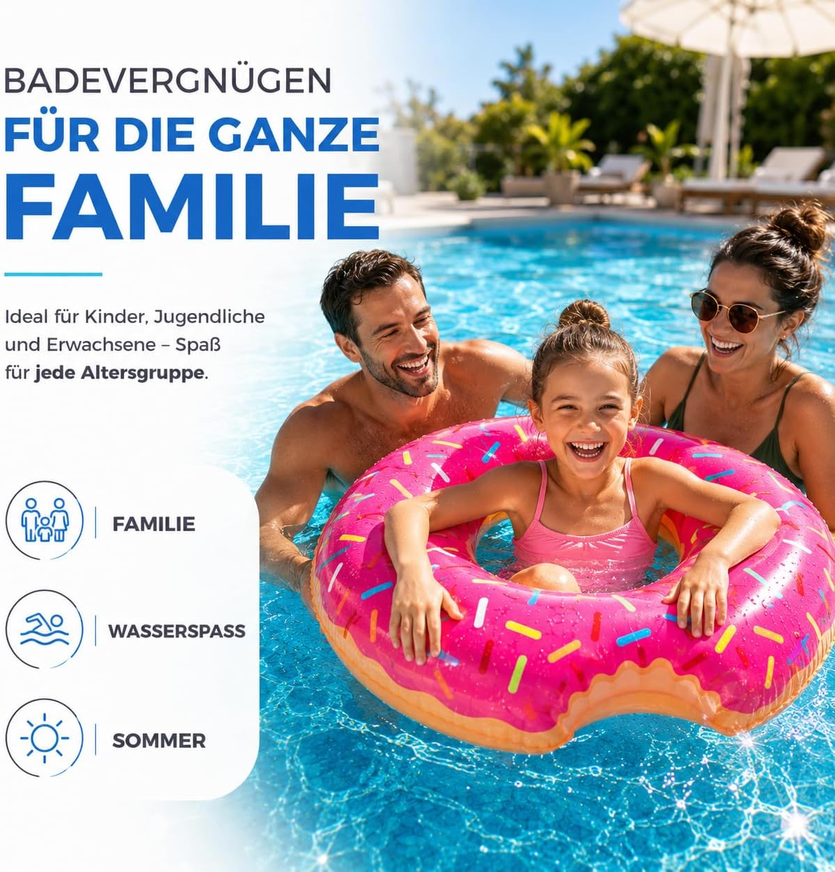 Detalle de Aufblasbarer Schwimmring – XXL Donut 120 cm Durchmesser, Biss-Design, für Erwachsene & Kinder (Farbauswahl)