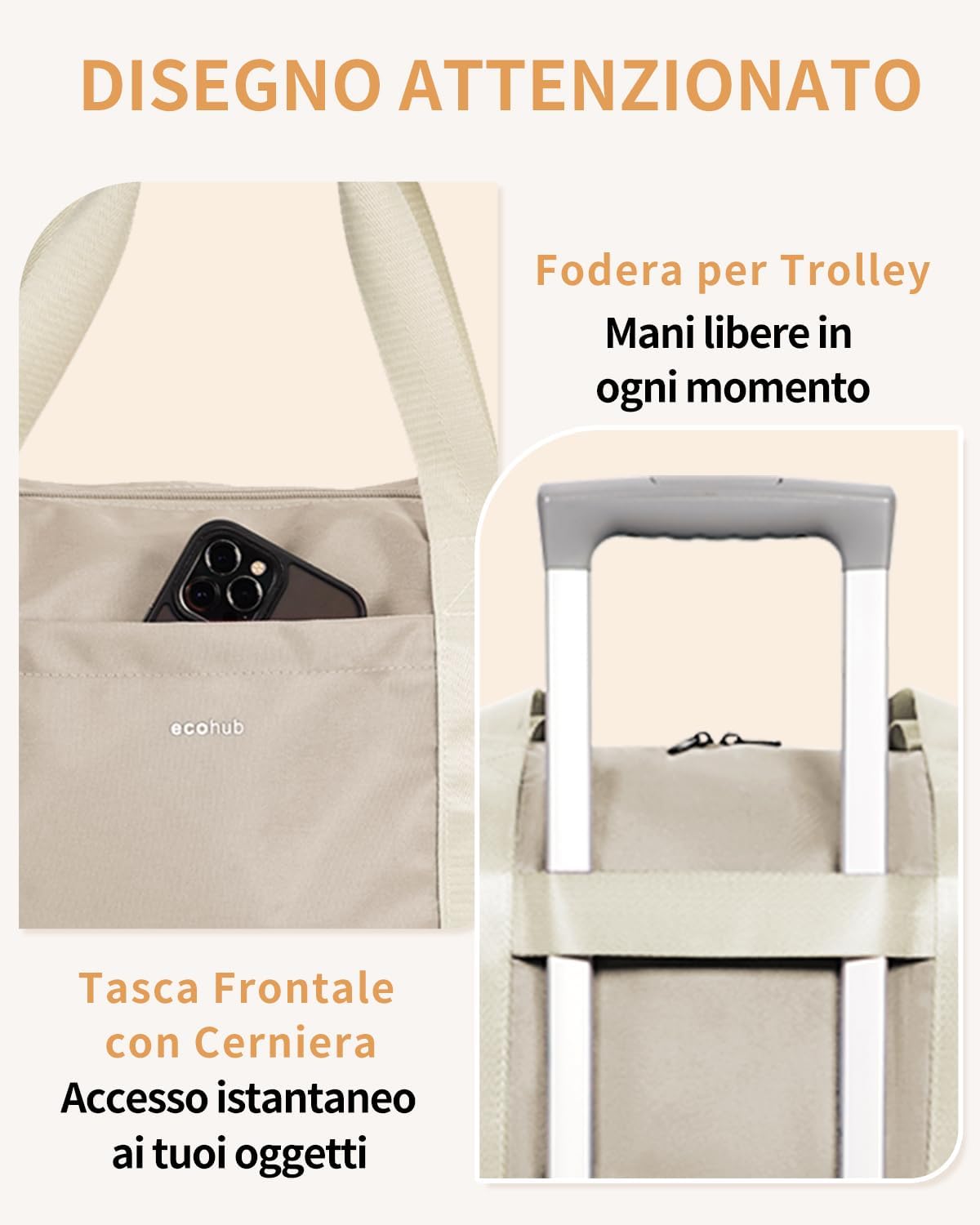 Detalle de ECOHUB Bagaglio a Mano Easyjet 45x36x20, borsa pieghevole 30L con tasca impermeabile (Beige)