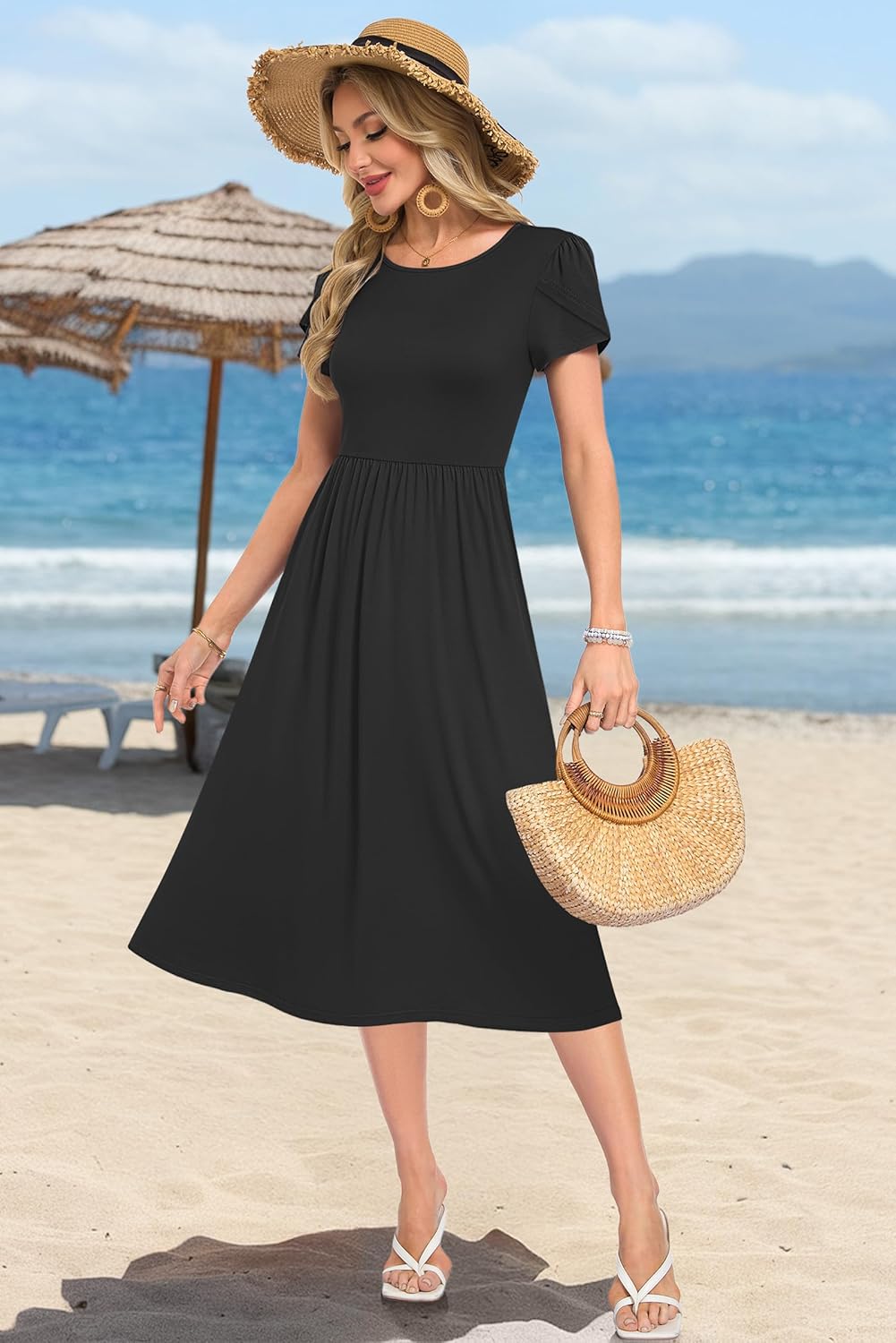 Thumbnail 4 de MOLERANI Damen Sommerkleid – Kurzarm Midikleid mit Taschen, A‑Linie, knie-lang