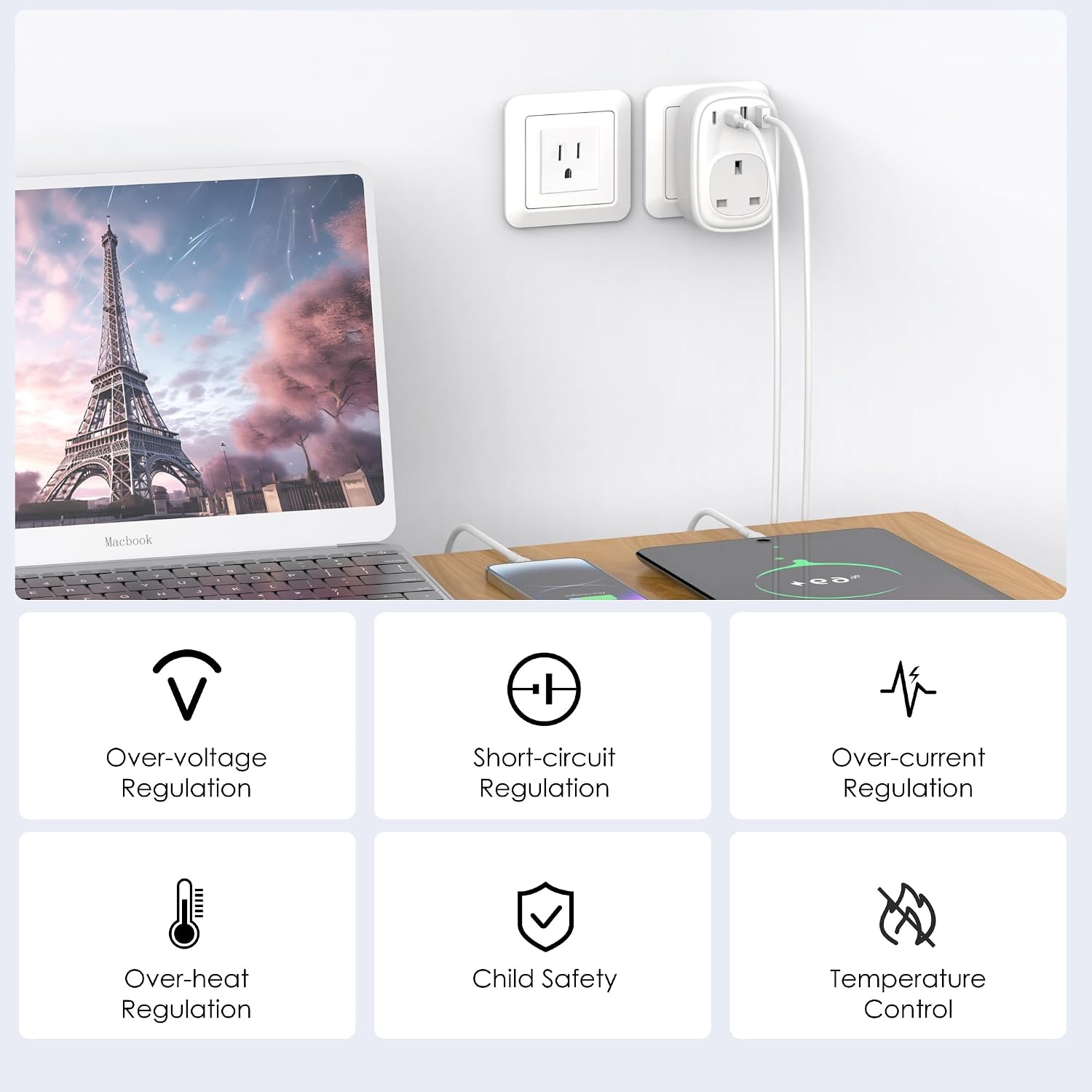 Detalle 2 de Tusreda UK to US Plug Adaptor: 4-in-1 Travel Charger with USB-C & USB Ports