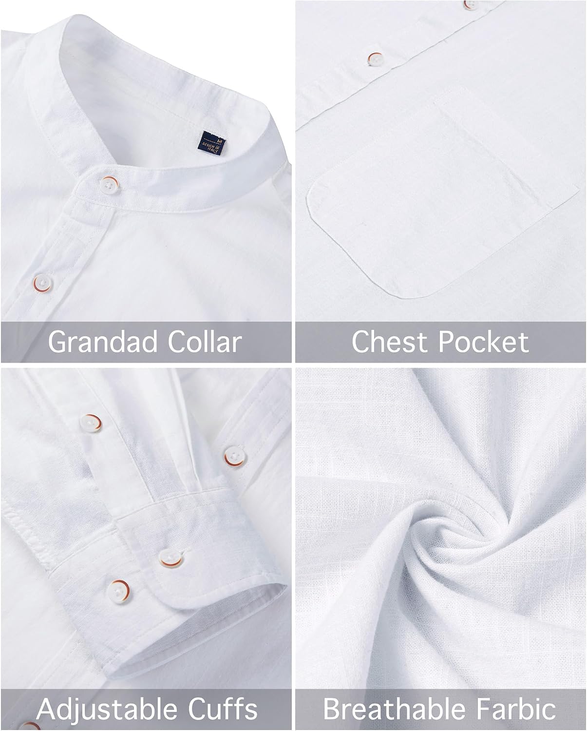 Thumbnail 4 de Siliteelon Men's Grandad Collar Long Sleeve Linen Shirt with Pocket – Regular Fit