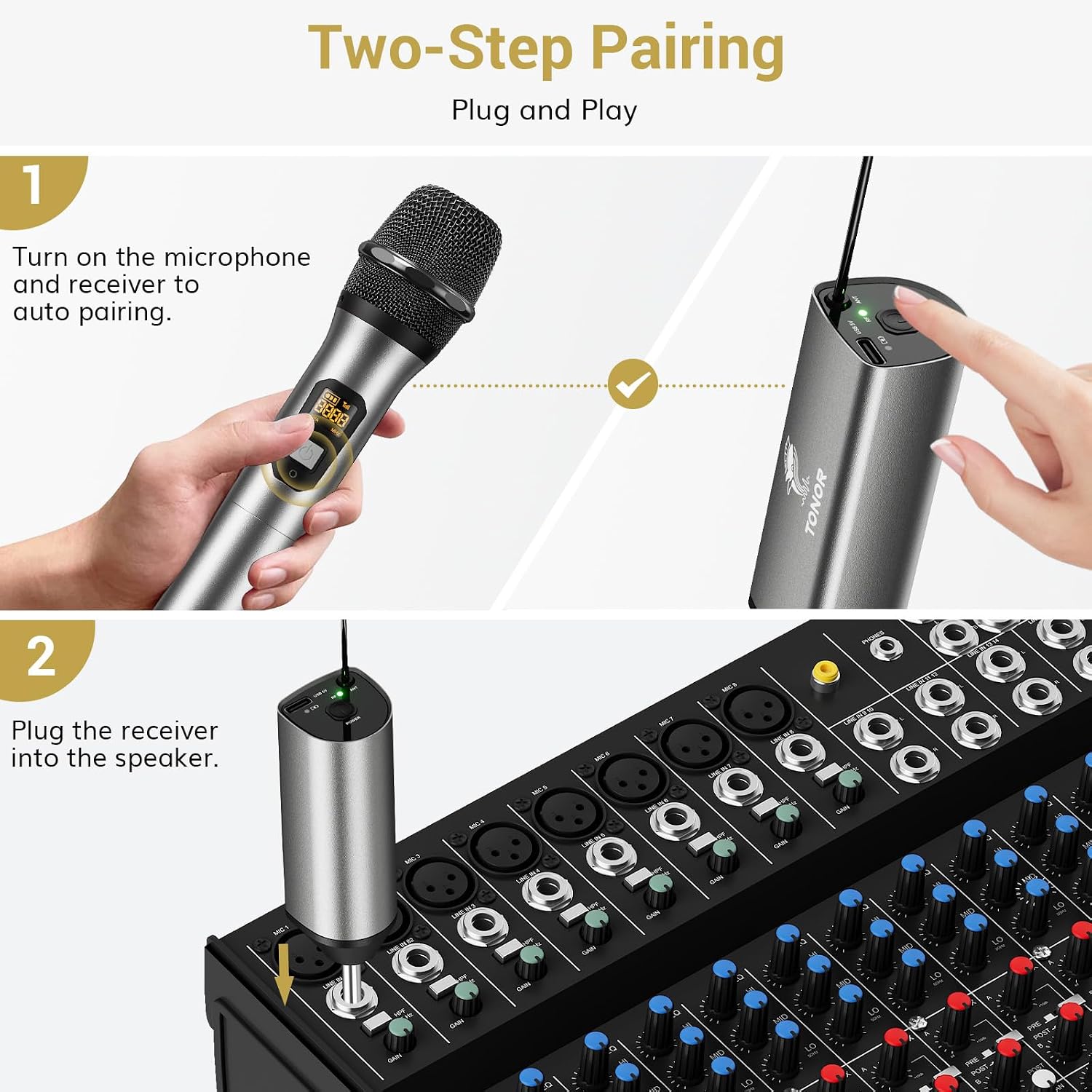 Detalle de TONOR TW-630 Dual UHF Wireless Microphone System with Metal Mics