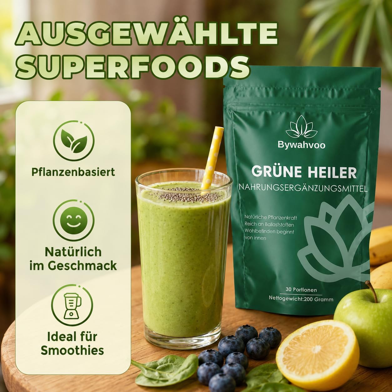 Detalle 2 de Grüne Entgiftungspulver 200g – Superfood Pulver mit Gerstengras, Spirulina & Heidelbeeren