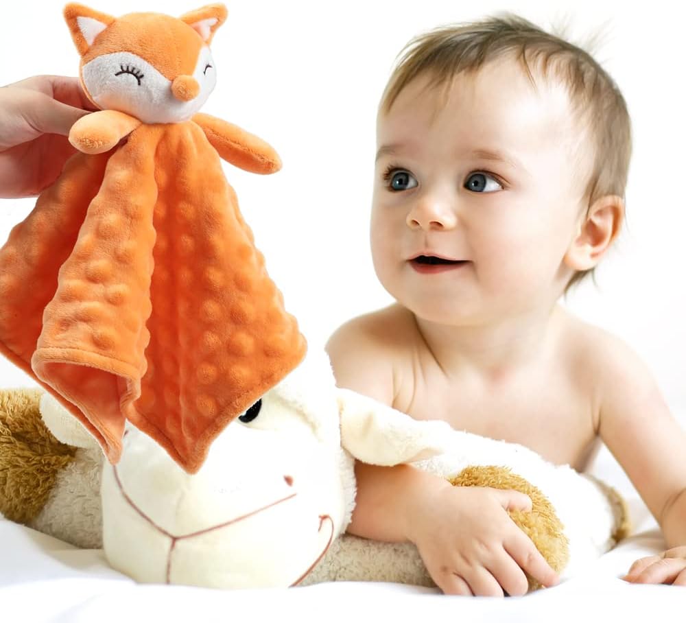 Detalle de CREVENT Soft Plush Animal Face Security Blanket (Orange Fox) – Fleece cuddle comforter for babies