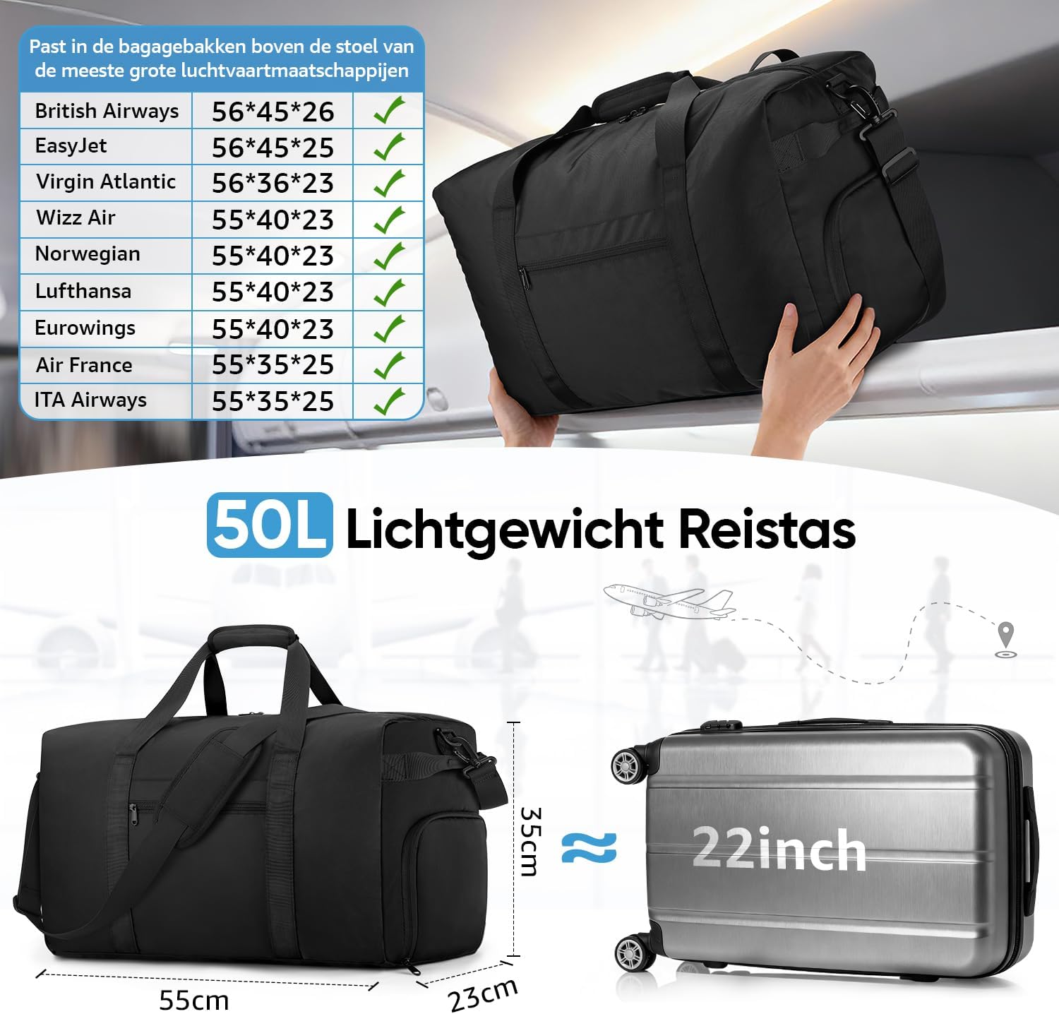 Thumbnail 1 de ETRONIK Grote reistas 50L met schoenenvak, waterafstotend en als handbagage