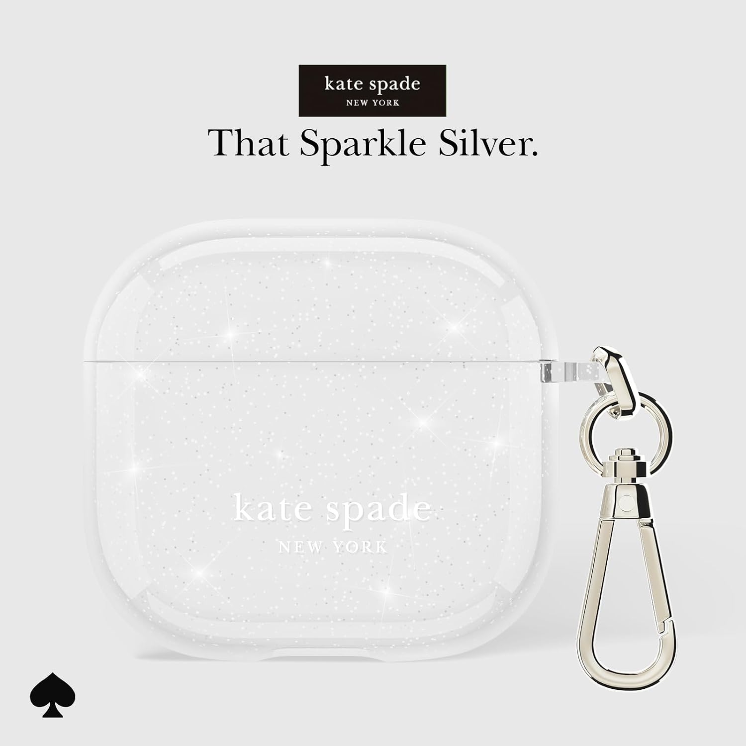 Detalle de ケイト・スペード ニューヨーク KS056508 AirPods 4ケース That Sparkle Silver、TPU製・ワイヤレス充電対応・キーリング付き